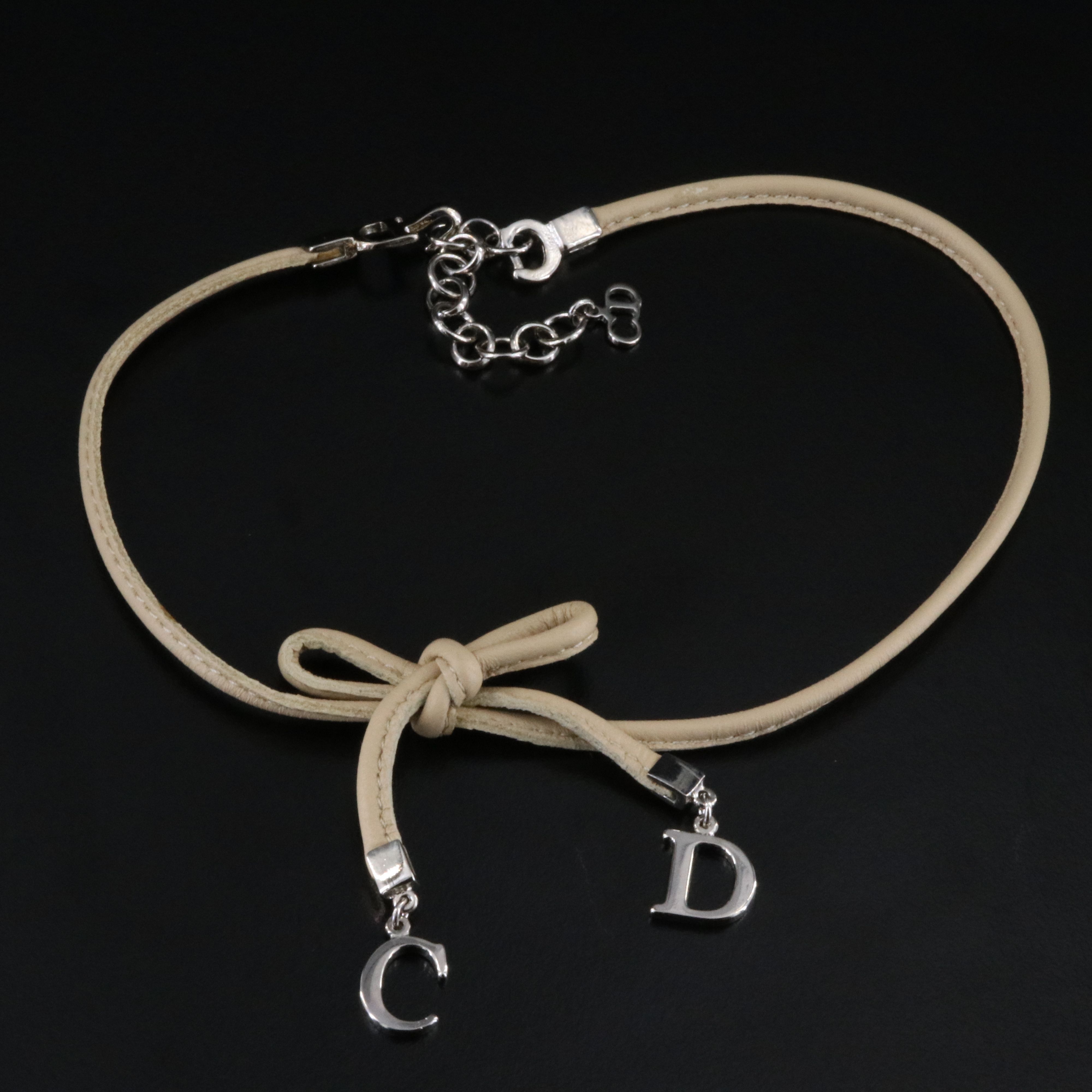 Christian Dior CD Faux Leather Bow Necklace