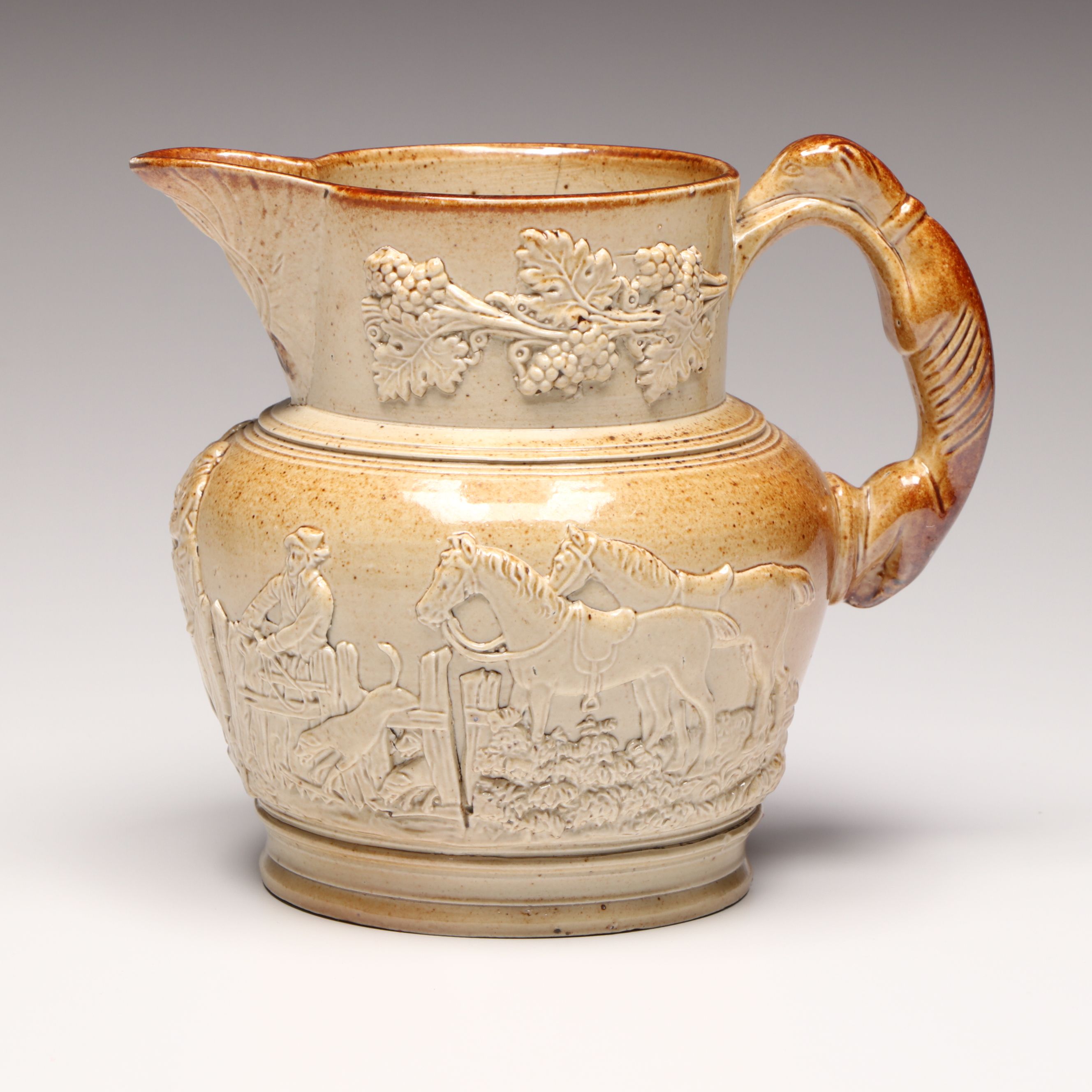 Inscribed Salt-Glazed Stoneware Pitcher with Hunting Scene