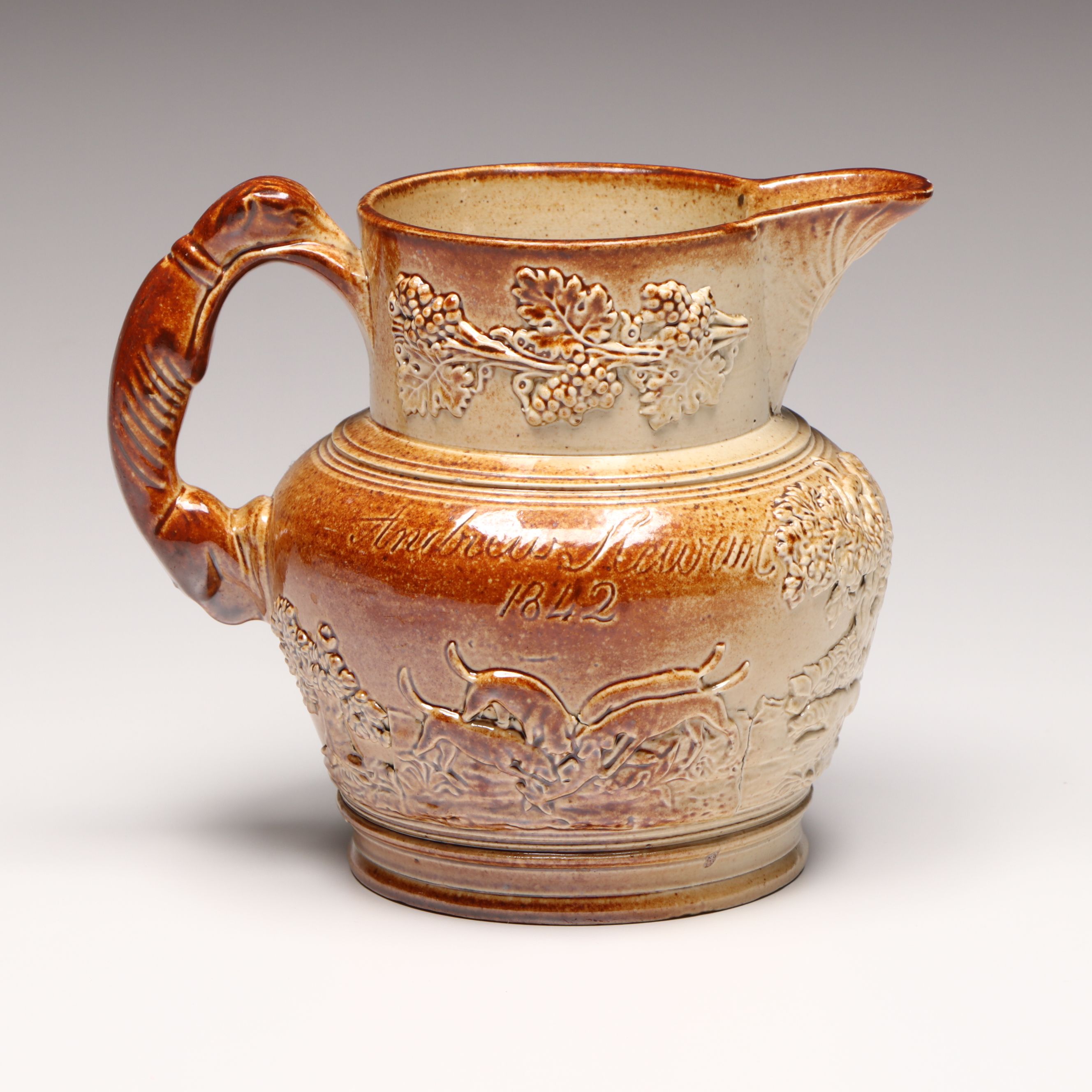 Inscribed Salt-Glazed Stoneware Pitcher with Hunting Scene