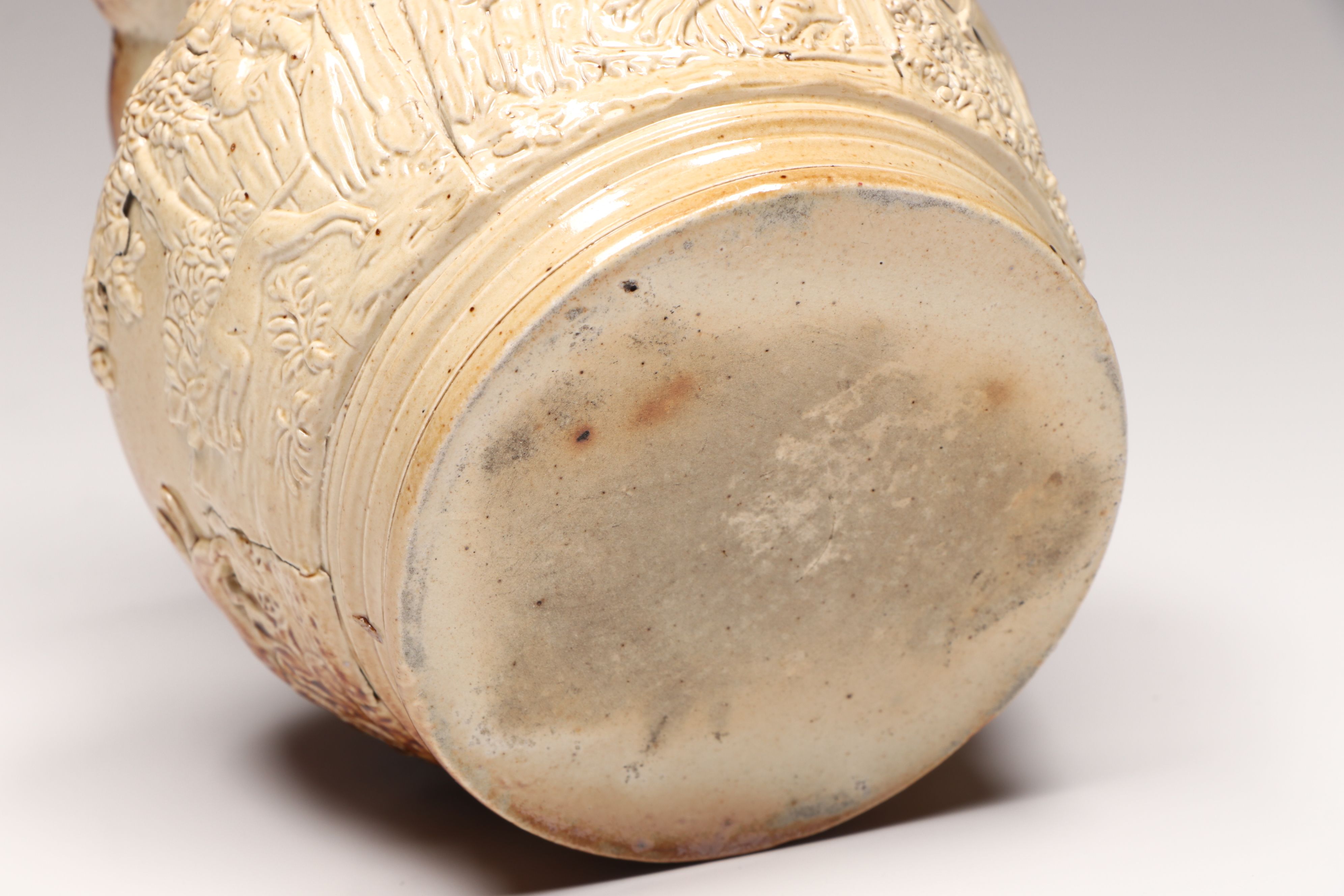 Inscribed Salt-Glazed Stoneware Pitcher with Hunting Scene