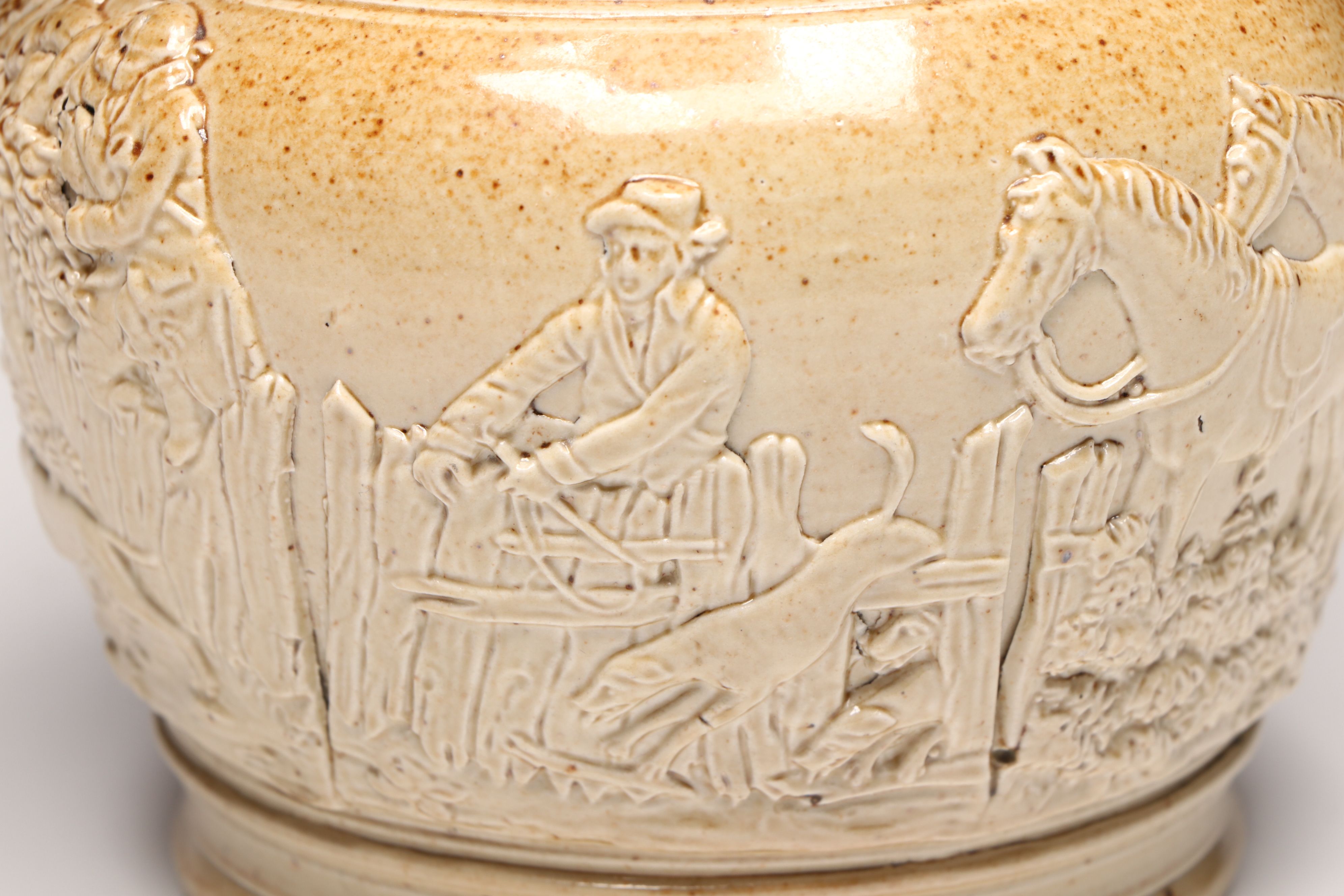 Inscribed Salt-Glazed Stoneware Pitcher with Hunting Scene