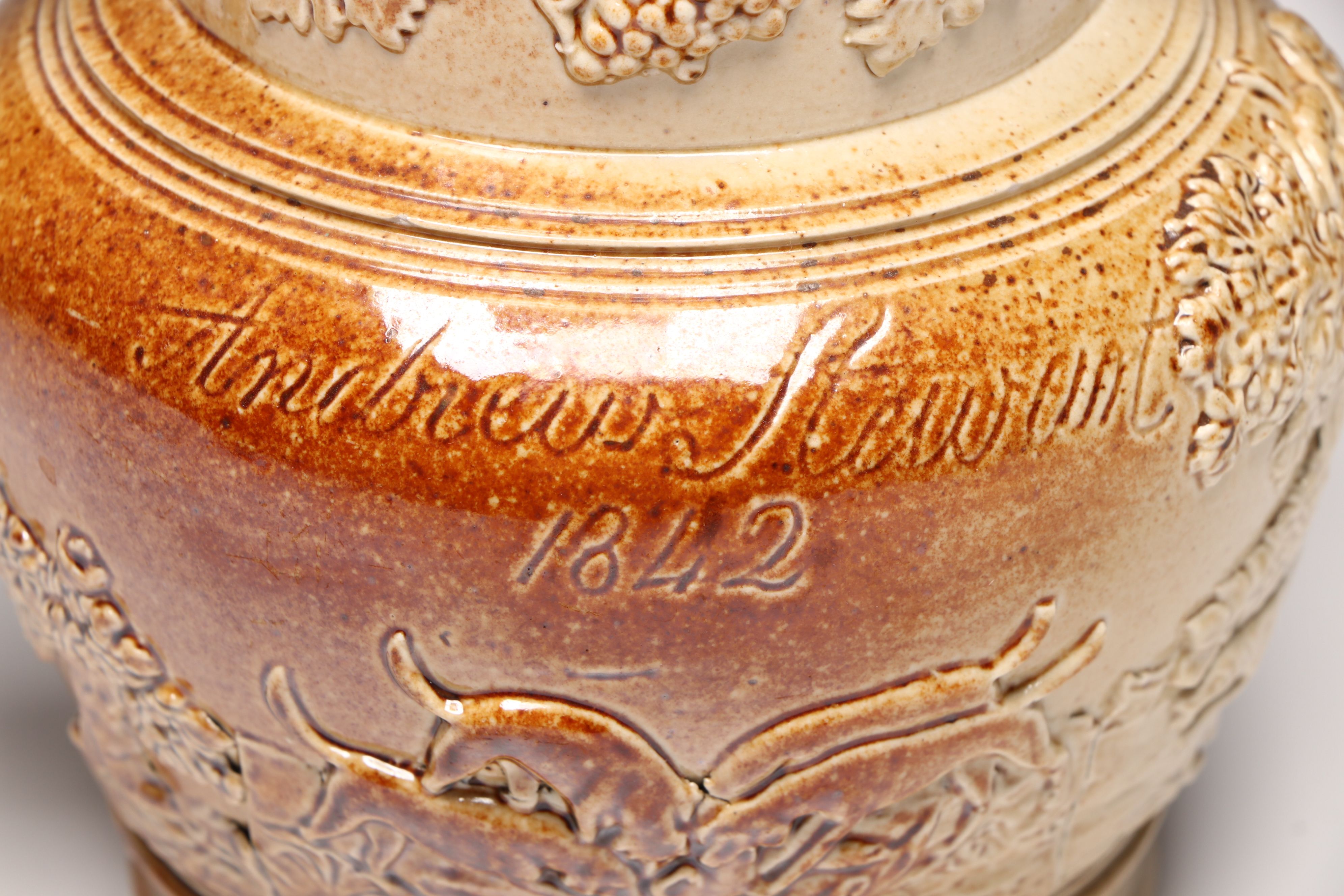 Inscribed Salt-Glazed Stoneware Pitcher with Hunting Scene