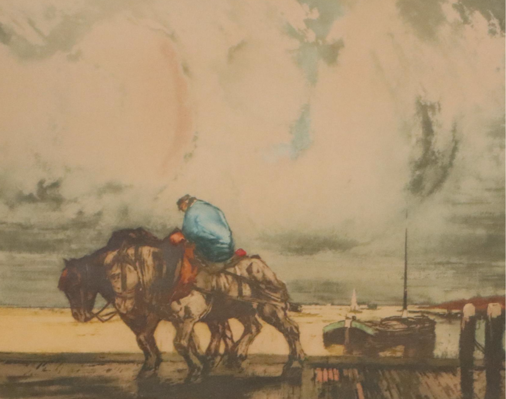 Ferdinand-Jean Luigini Etching of Work Horses in Harbor, Early 20th Century