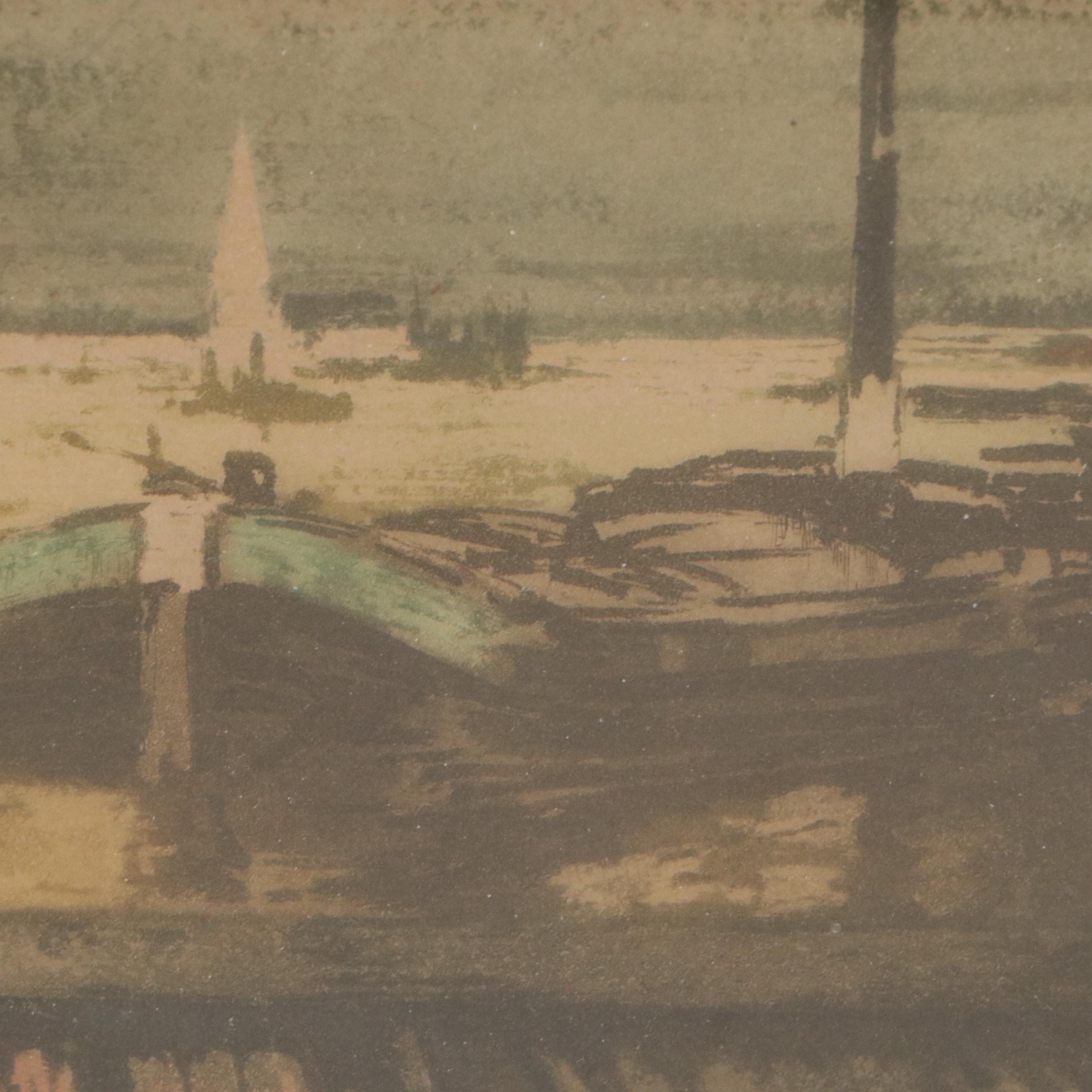 Ferdinand-Jean Luigini Etching of Work Horses in Harbor, Early 20th Century