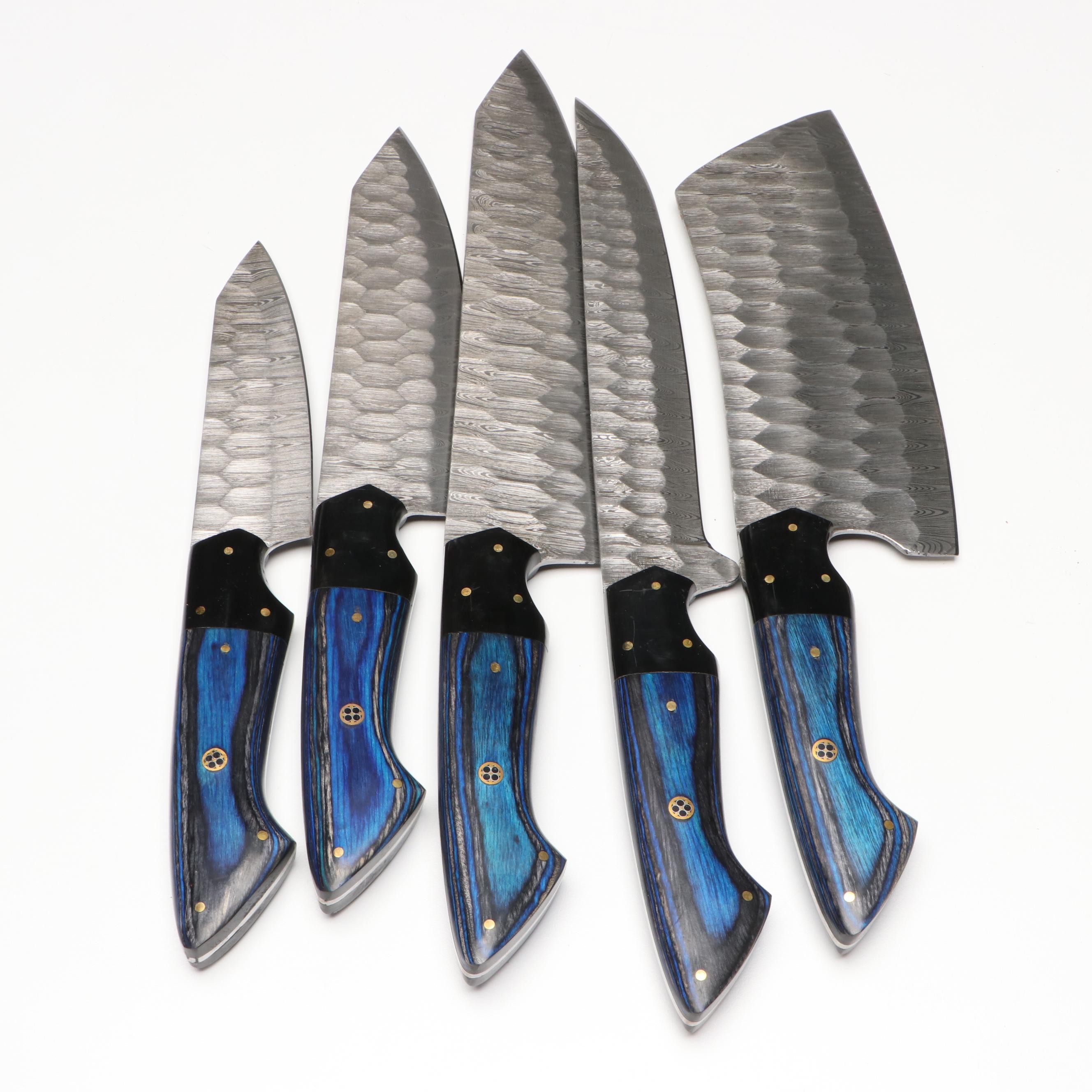 Damascus Steel and Wooden Handle Chef's Knife Set in Suede Leather Roll