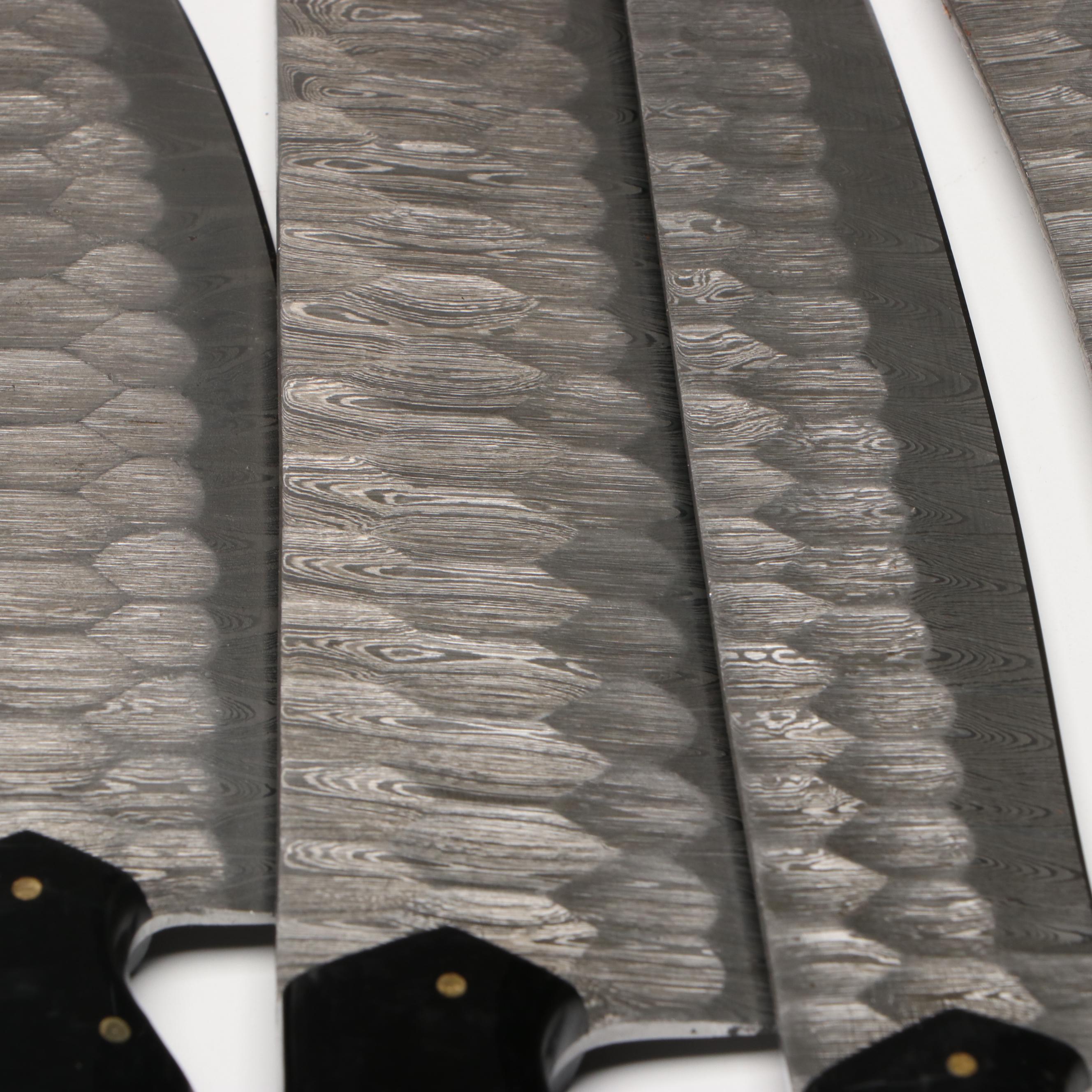 Damascus Steel and Wooden Handle Chef's Knife Set in Suede Leather Roll