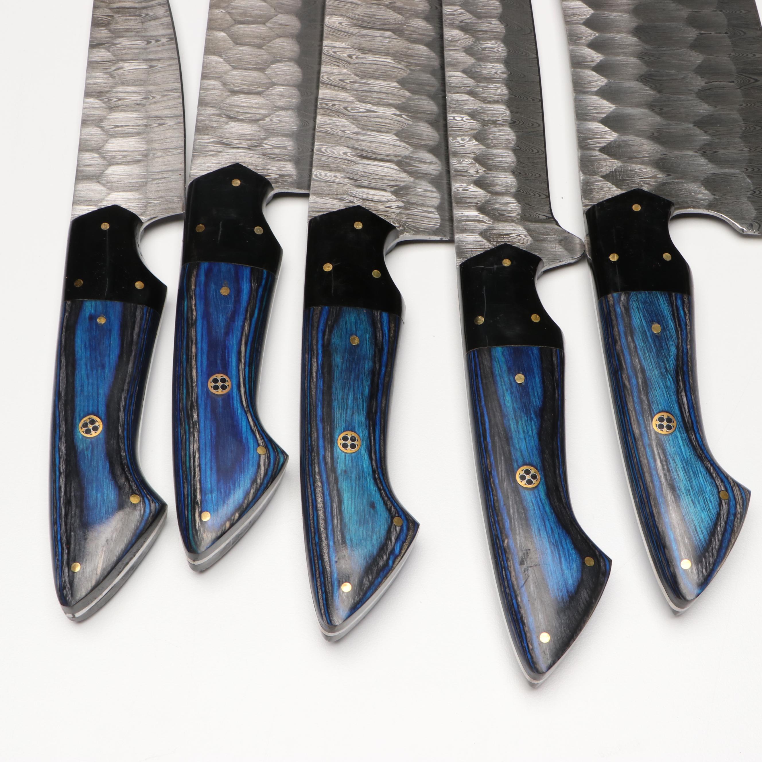 Damascus Steel and Wooden Handle Chef's Knife Set in Suede Leather Roll