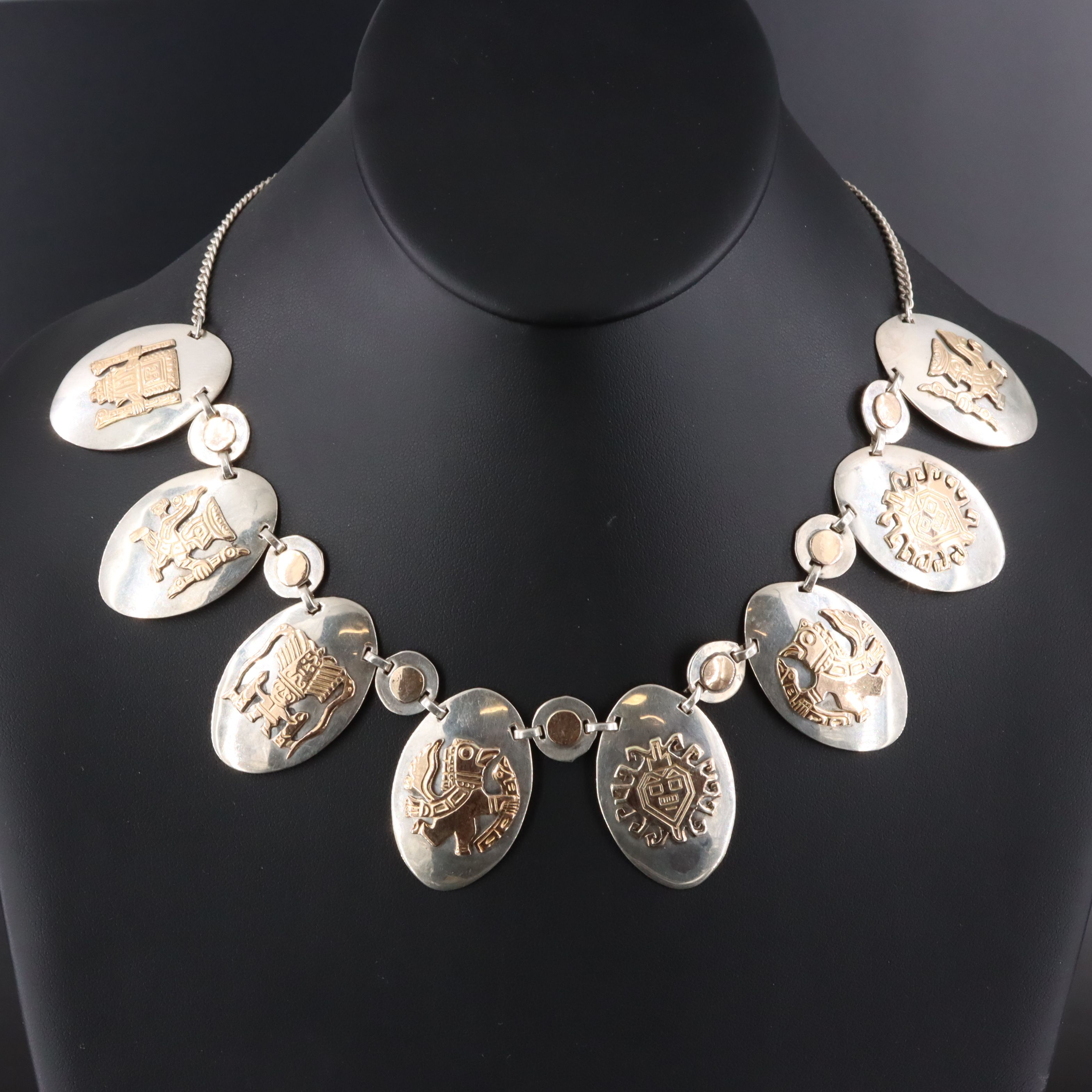 Old Cuzco Sterling and 14K Mesoamerican Gods Necklace