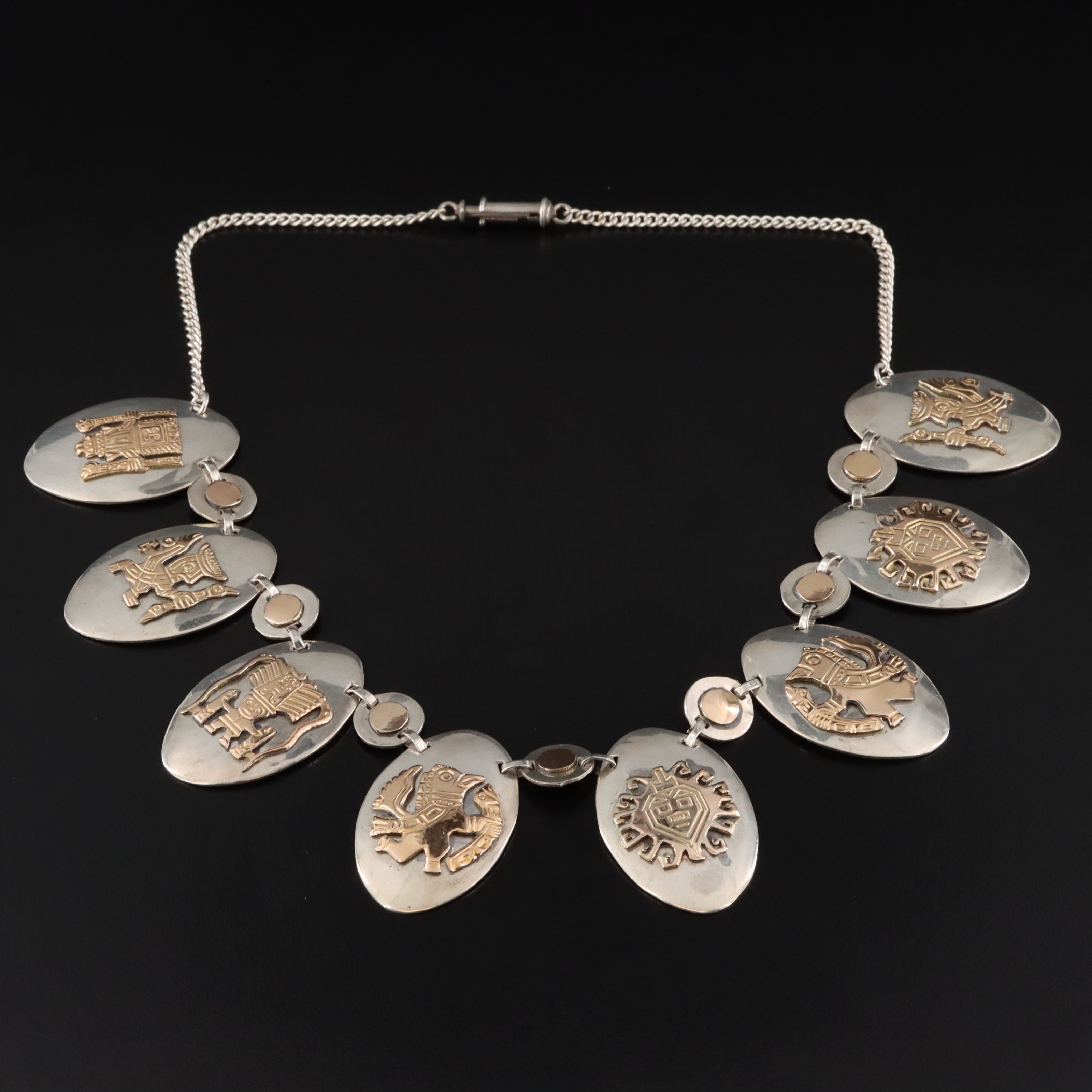 Old Cuzco Sterling and 14K Mesoamerican Gods Necklace