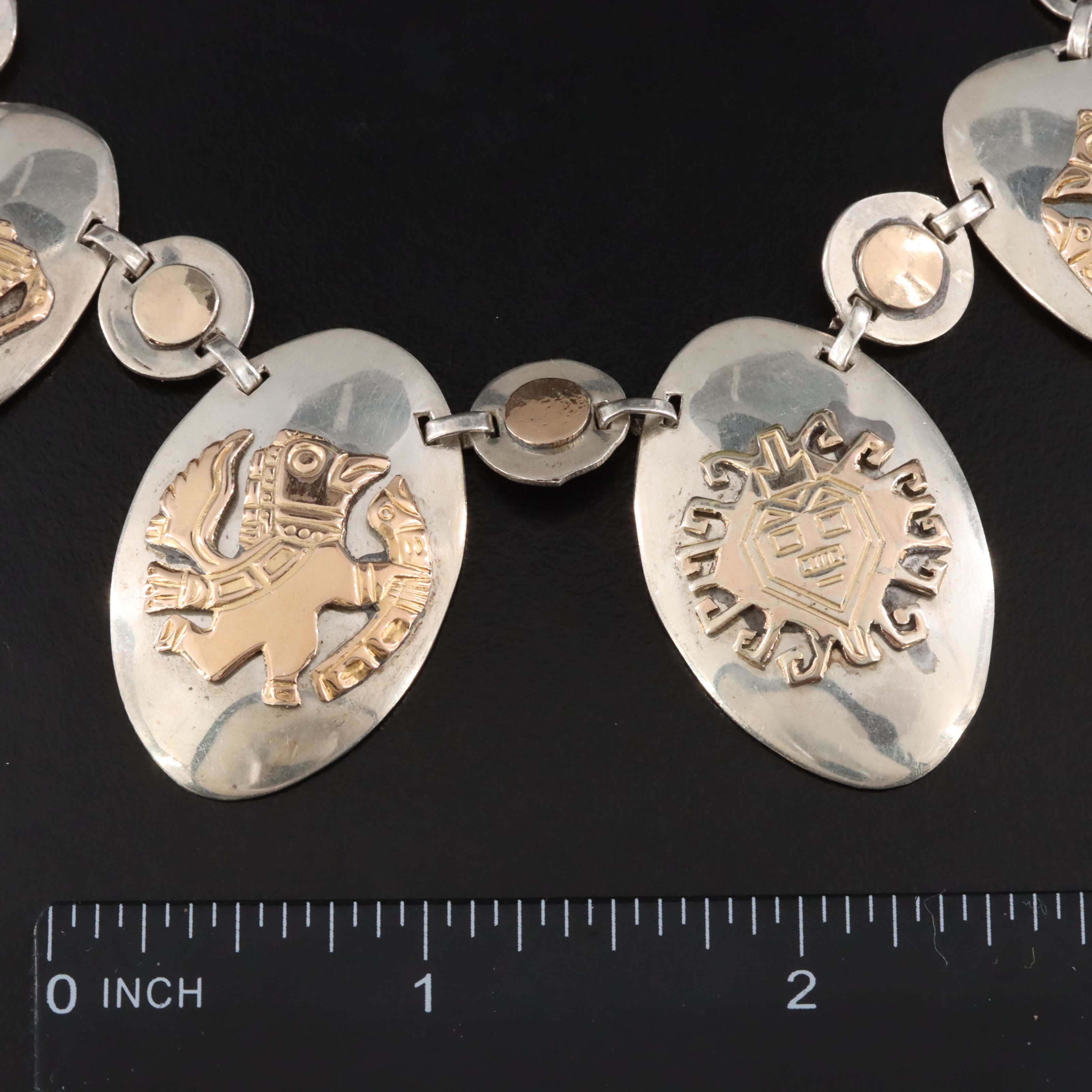 Old Cuzco Sterling and 14K Mesoamerican Gods Necklace