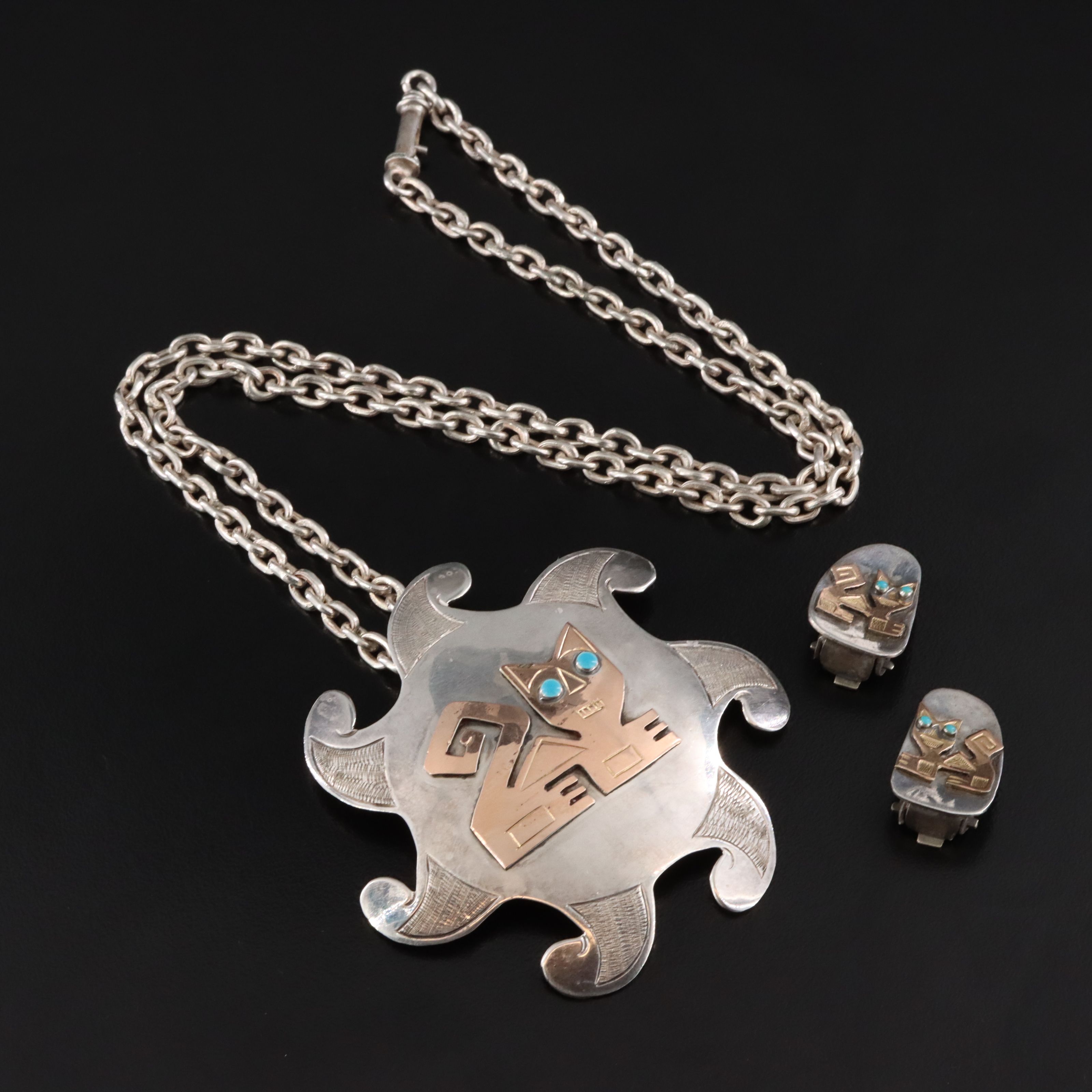 Old Cuzco Sterling Mesoamerican Jaguar Converter Pendant Necklace & Earrings Set