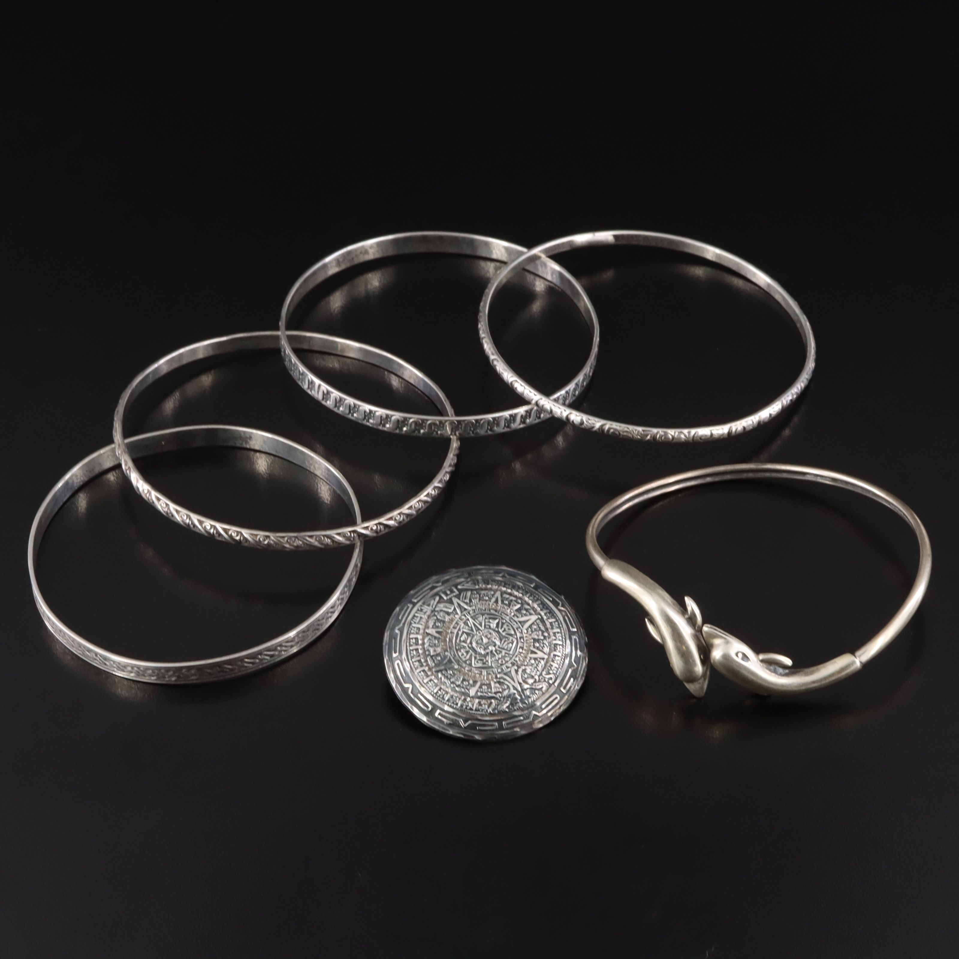 Sterling Bangles, Dolphin Cuff and Mexican Aztec Calendar Converter Brooch