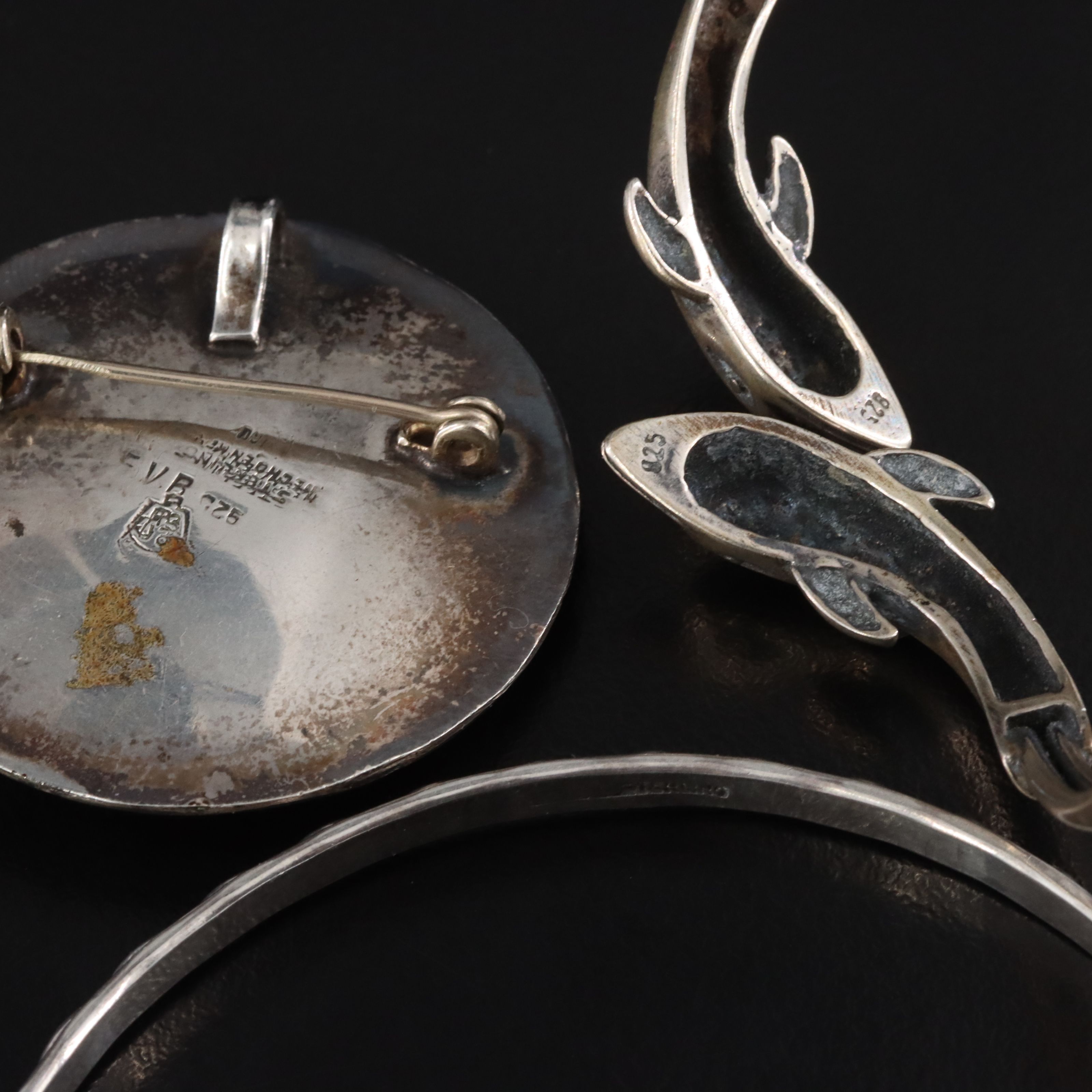 Sterling Bangles, Dolphin Cuff and Mexican Aztec Calendar Converter Brooch