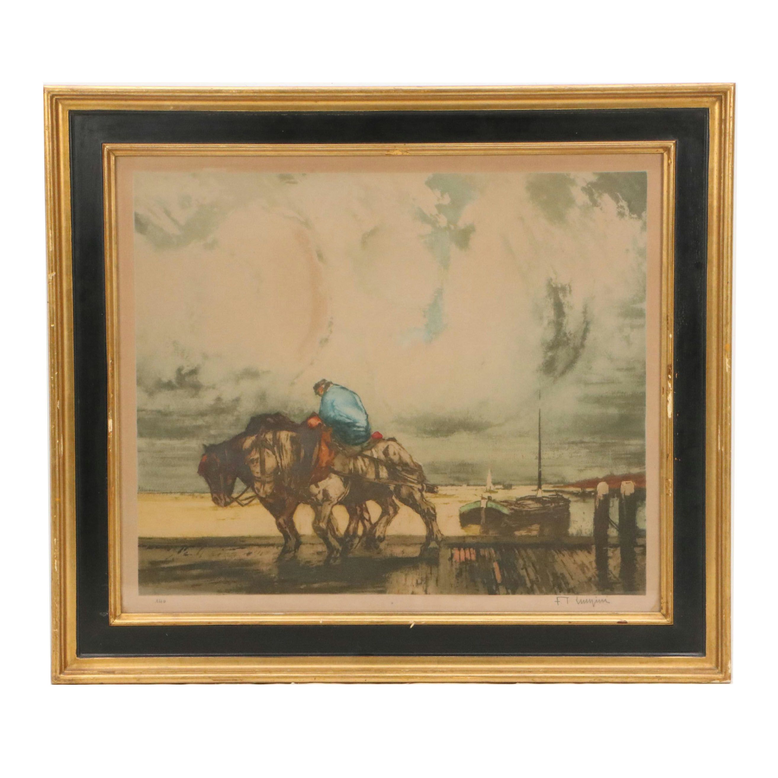 Ferdinand-Jean Luigini Etching of Work Horses in Harbor, Early 20th Century