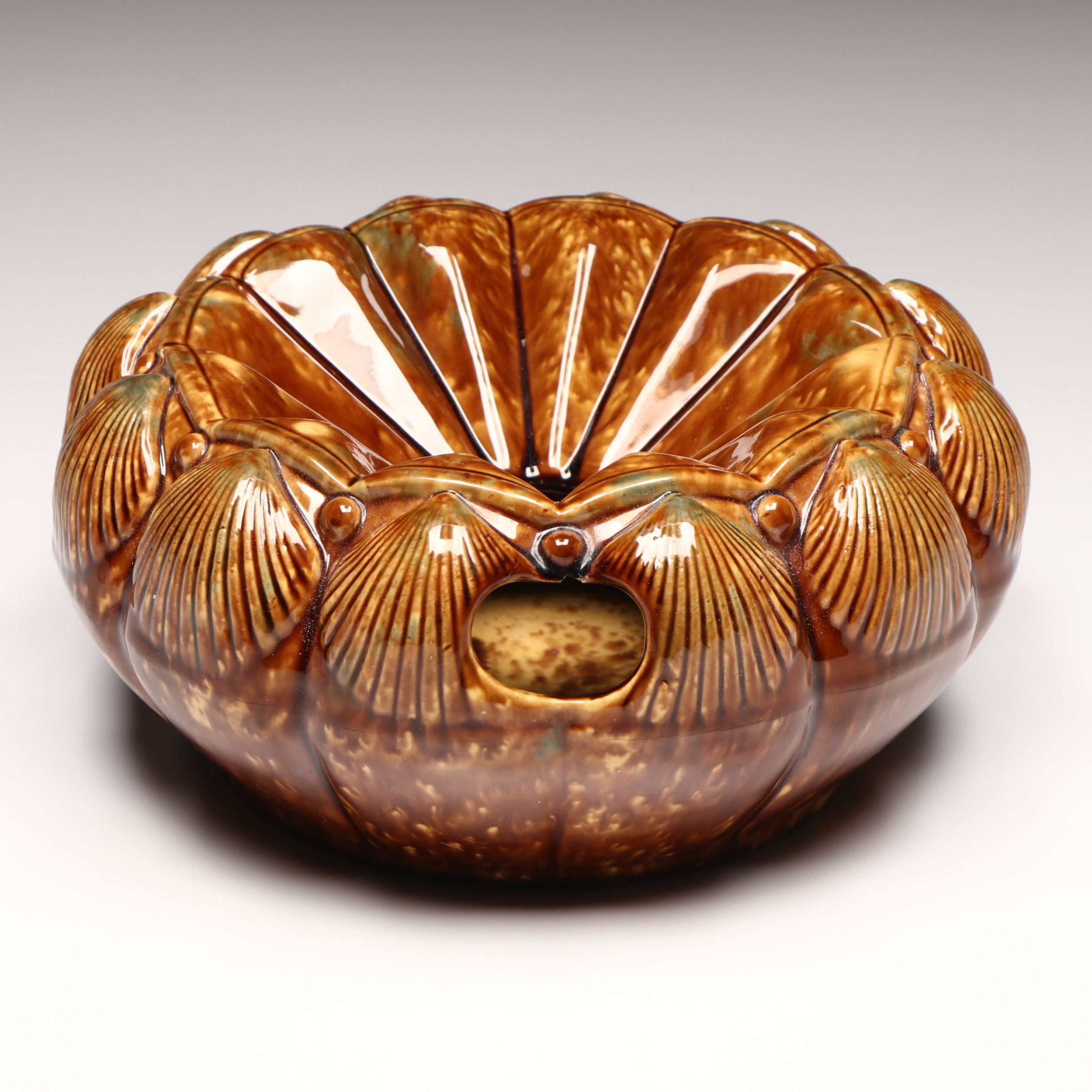 Shell Surround Ceramic Rockingham Spittoon, Late 19th Century