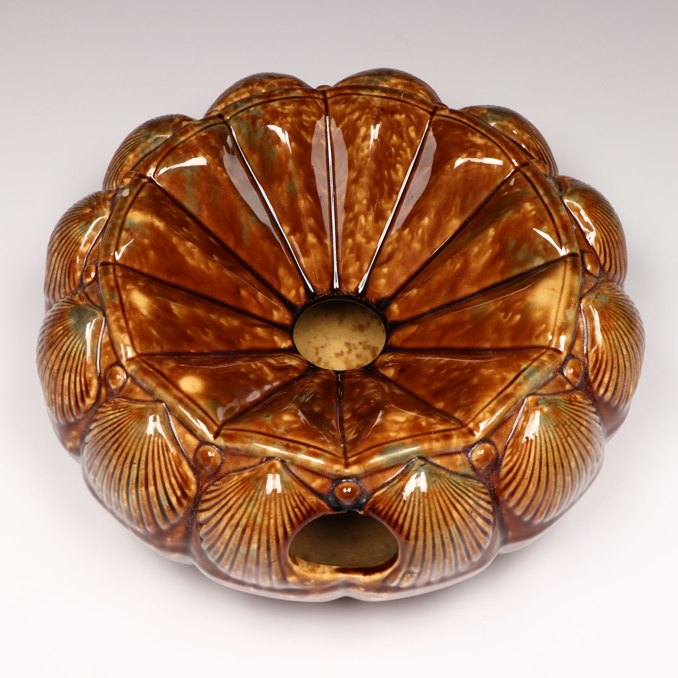 Shell Surround Ceramic Rockingham Spittoon, Late 19th Century