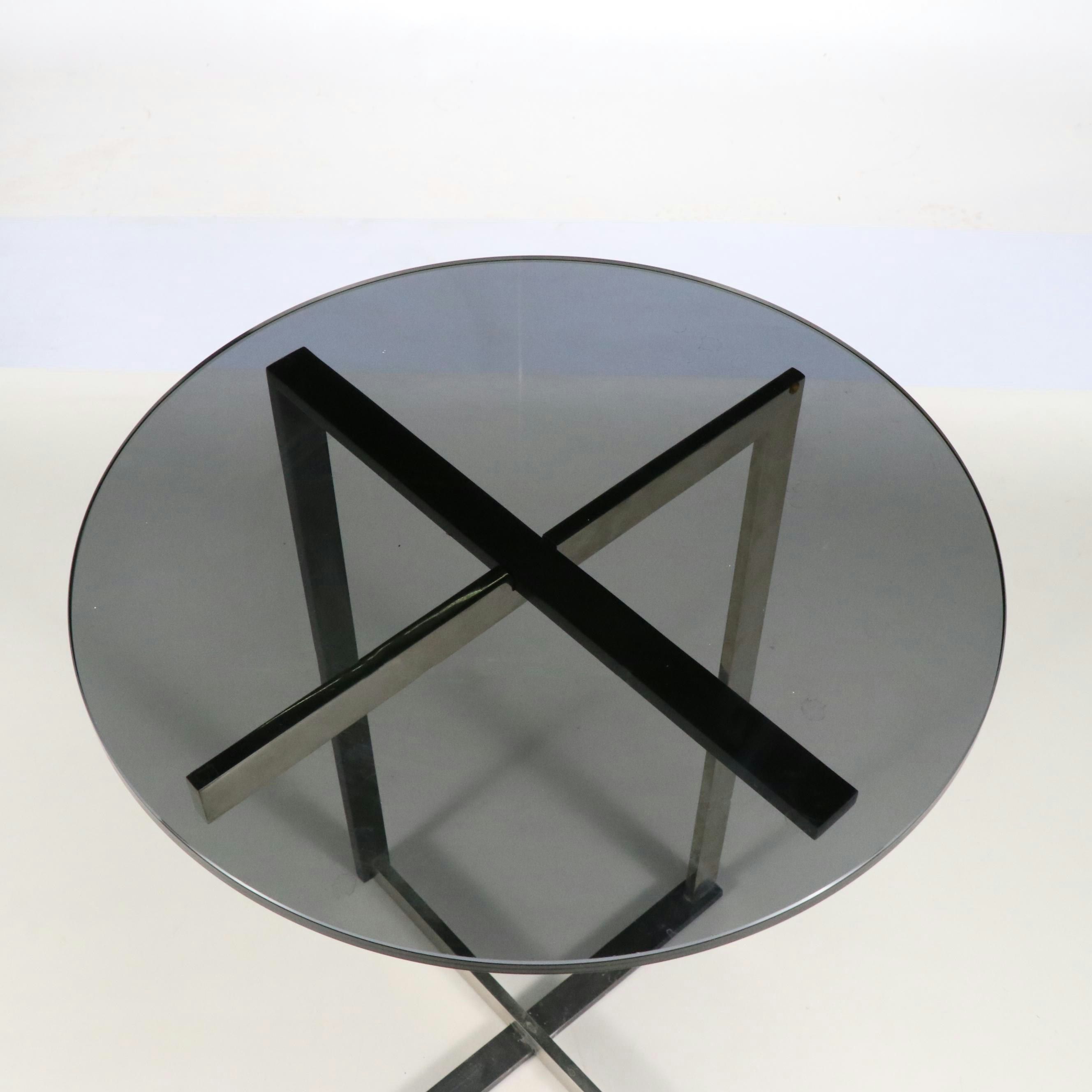 Mid Century Modern Chrome and Black Enamel Side Table with Smoked Glass Top