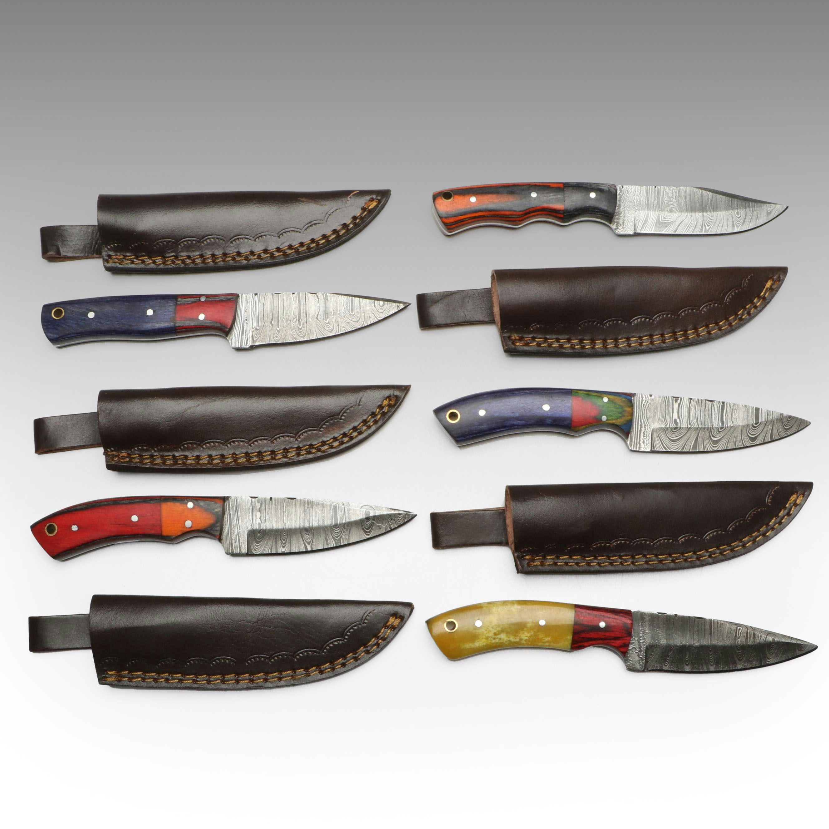 Damascus Steel Hunting Knives in Leather Scabbards