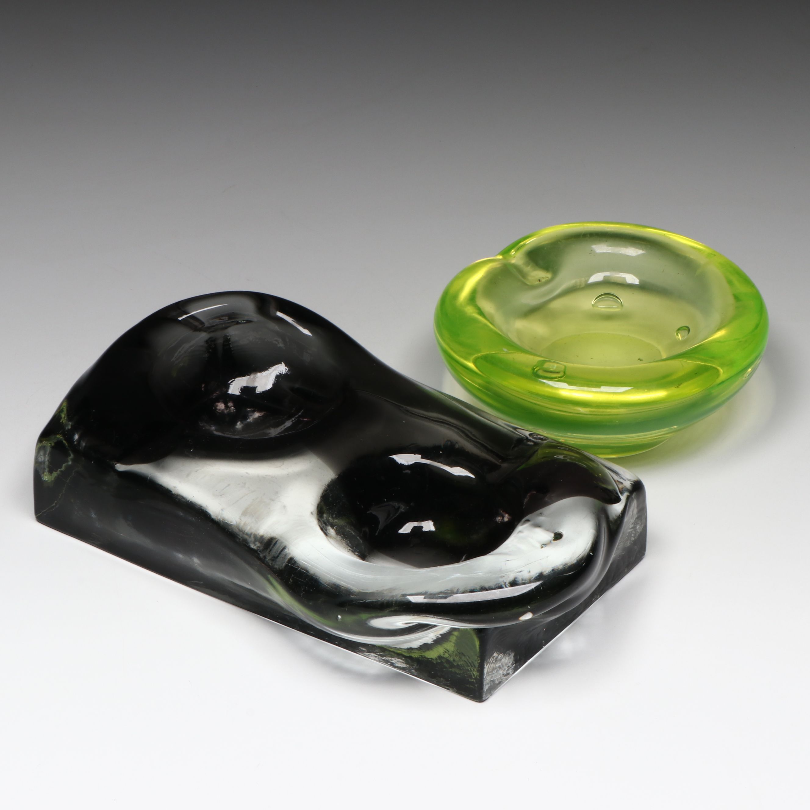 Vaseline Glass Ashtray with Clear and Black Glass Double Ashtray