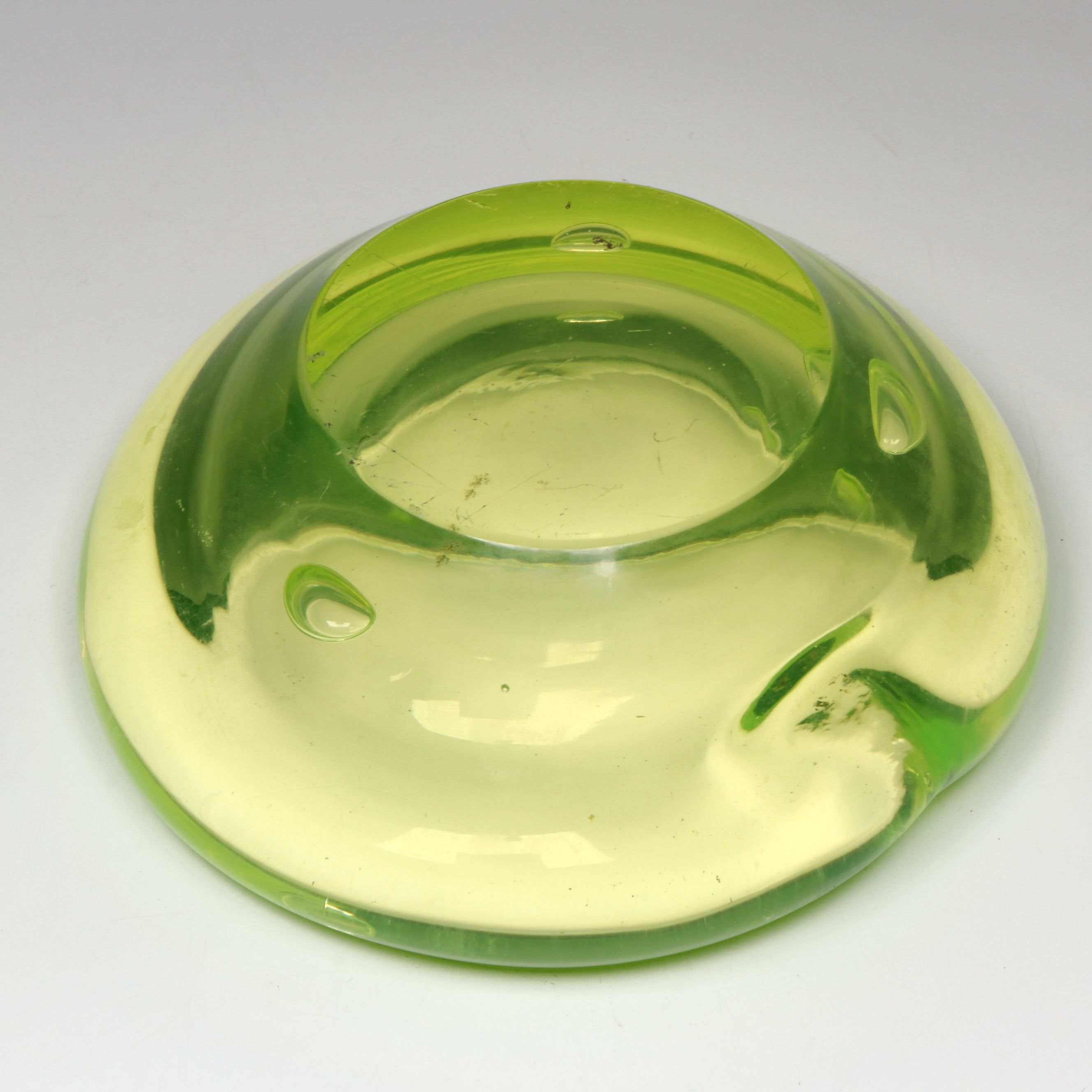 Vaseline Glass Ashtray with Clear and Black Glass Double Ashtray