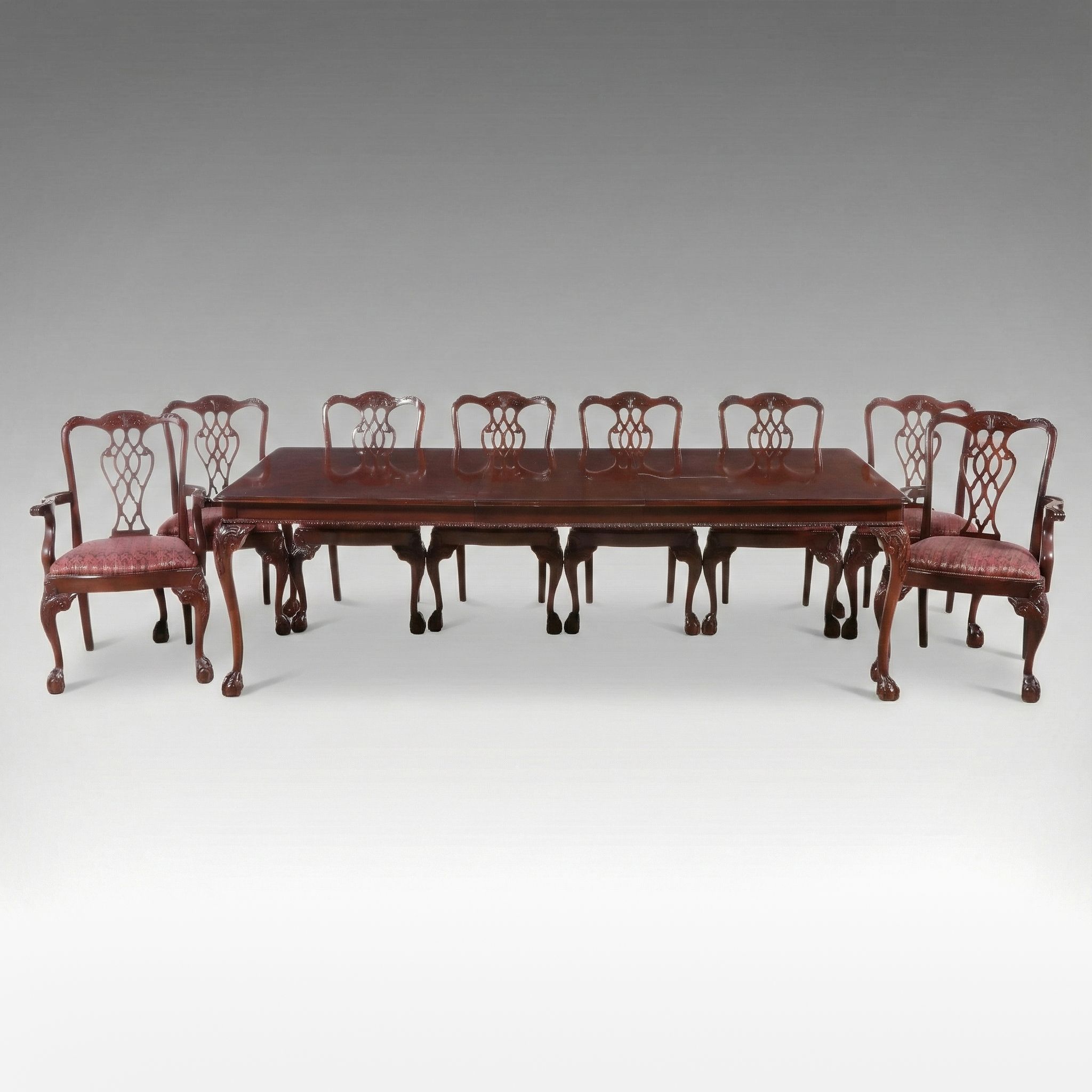 Chippendale Style Sting-Inlaid Mahogany Dining Table and Eight Chairs