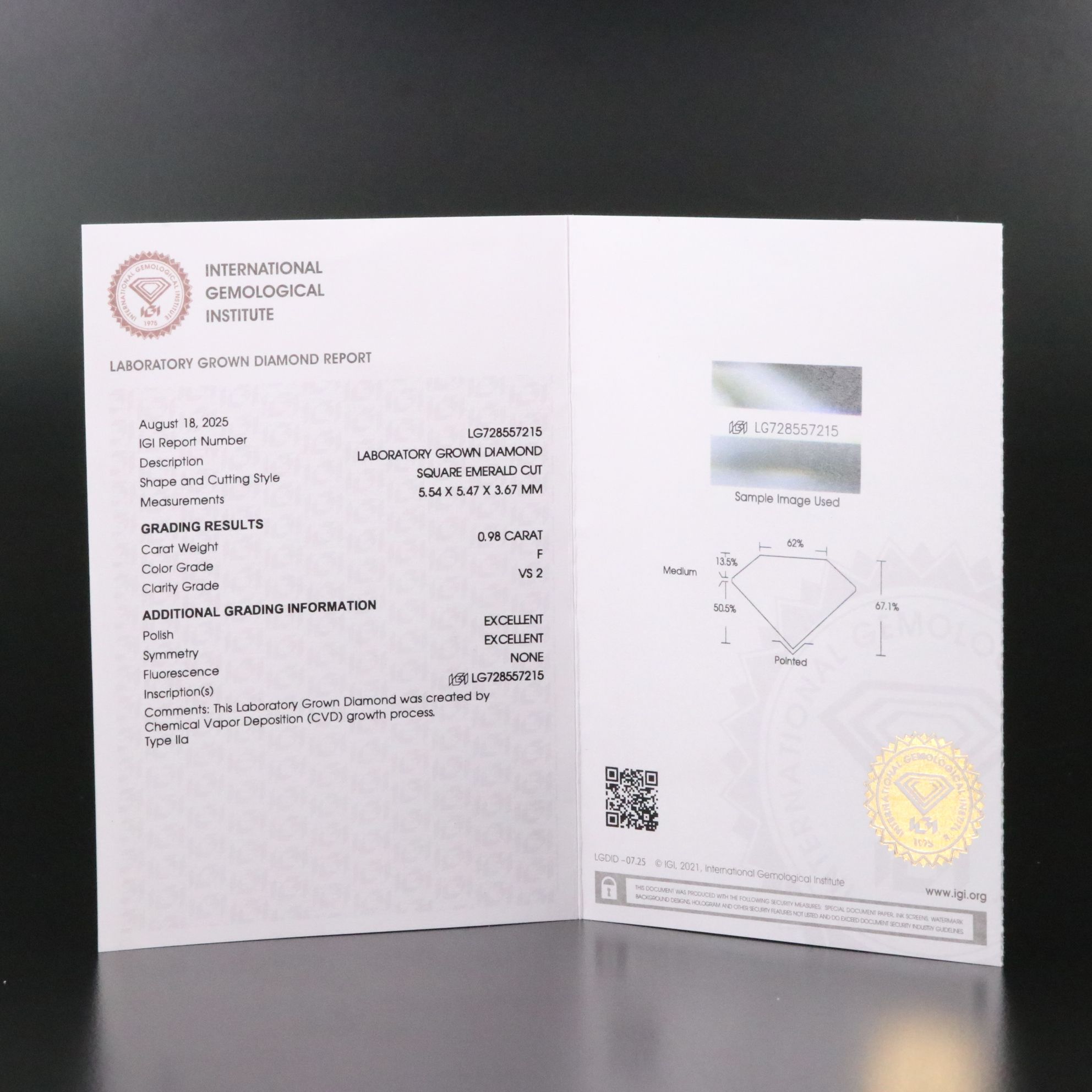 Loose 0.98 CT Lab Grown Diamond with IGI Report