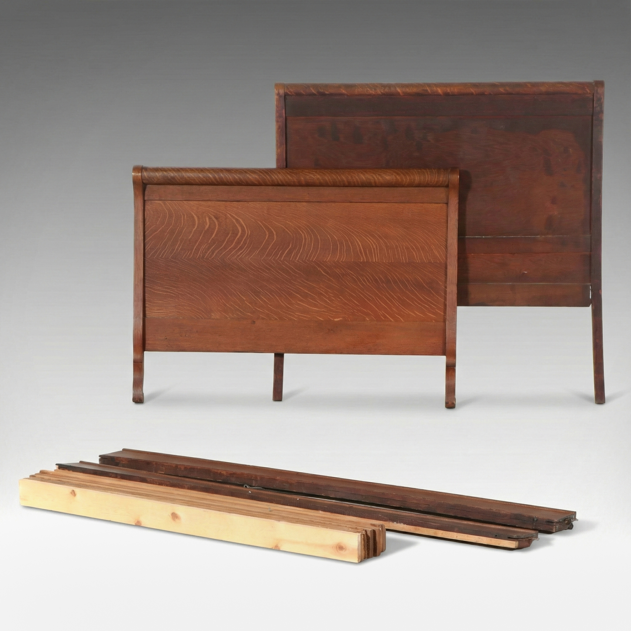 Edwardian Oak Full Size Sleigh Bed Frame, Early 20th Century