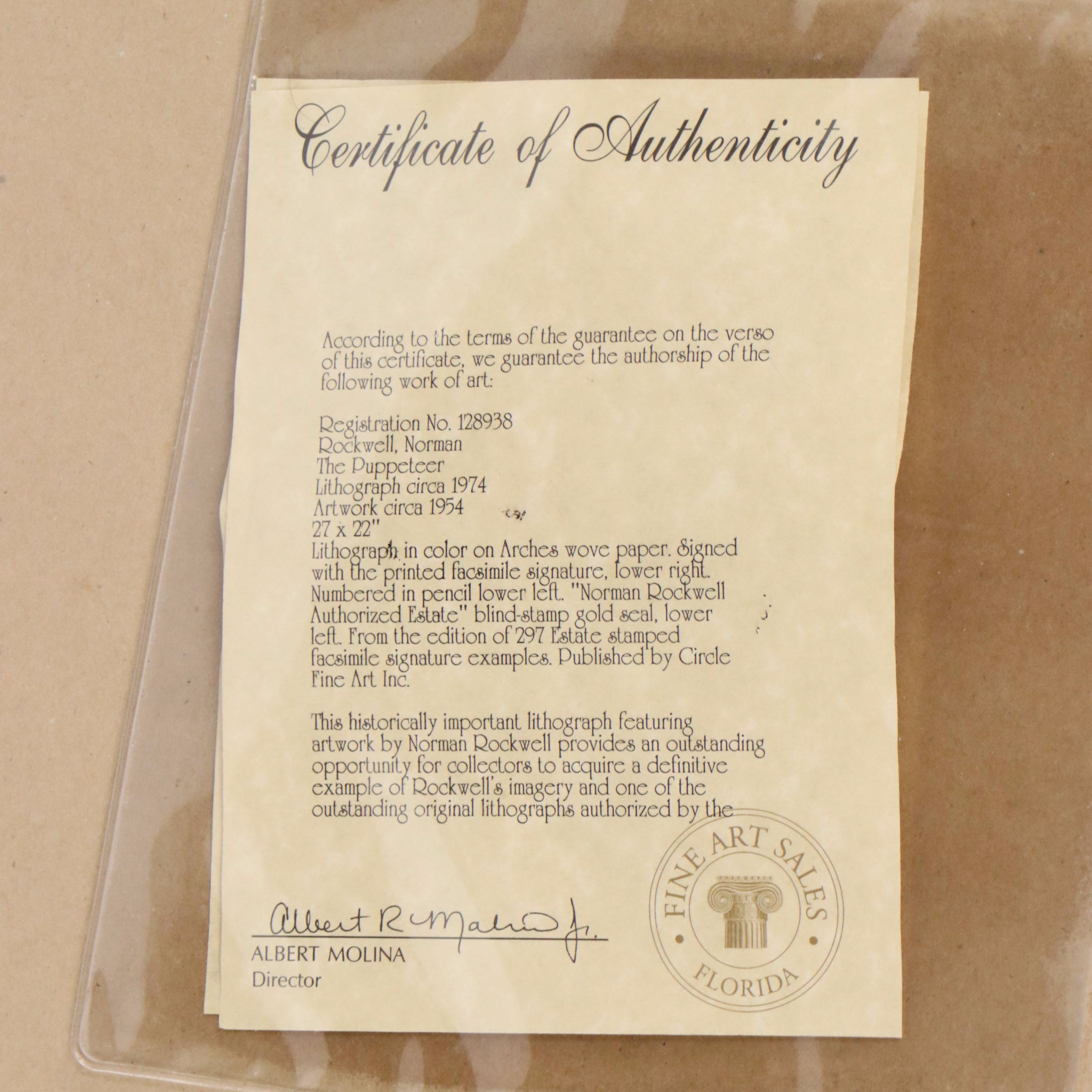 Norman Rockwell Authorized Estate Lithograph "The Puppeteer," 1974