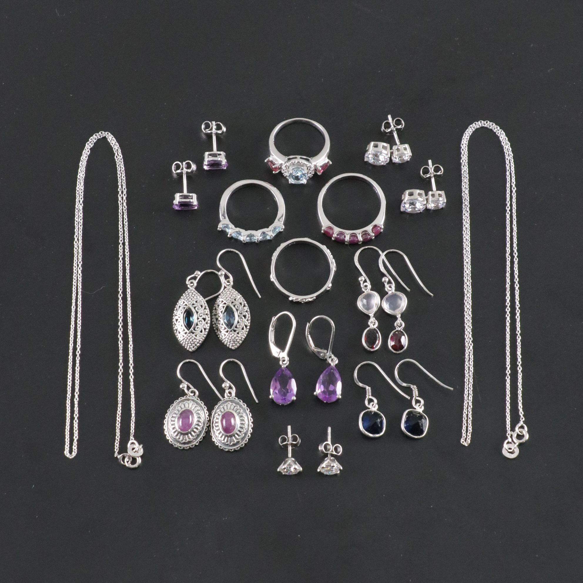 14 Assorted Sterling Silver Rings, Necklaces and Earrings