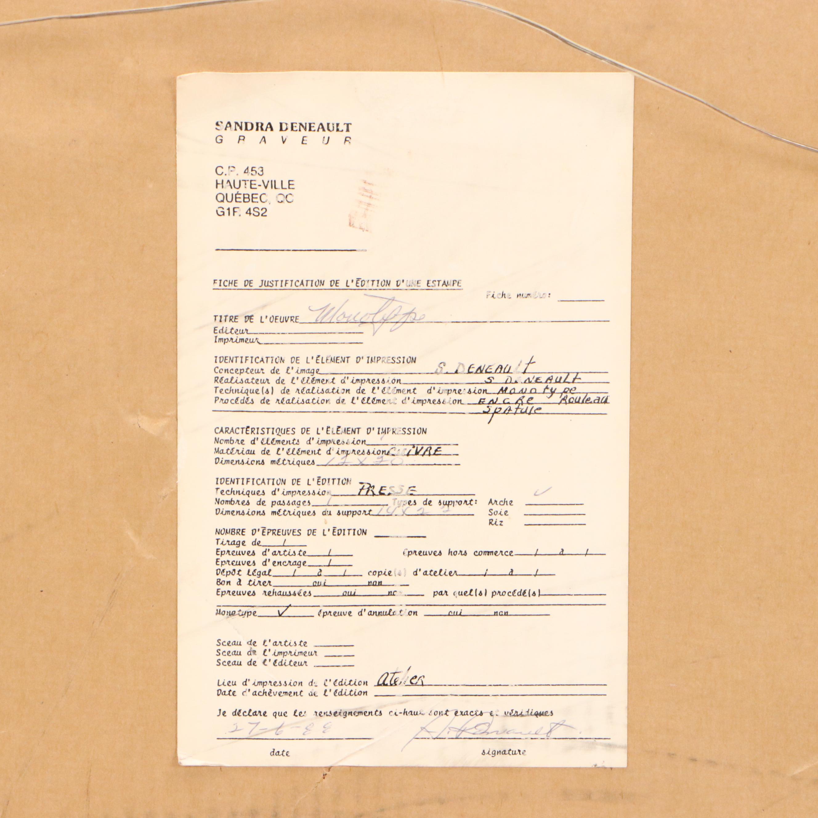 Sandra Deneault Floral Monotype in Blue, 1988