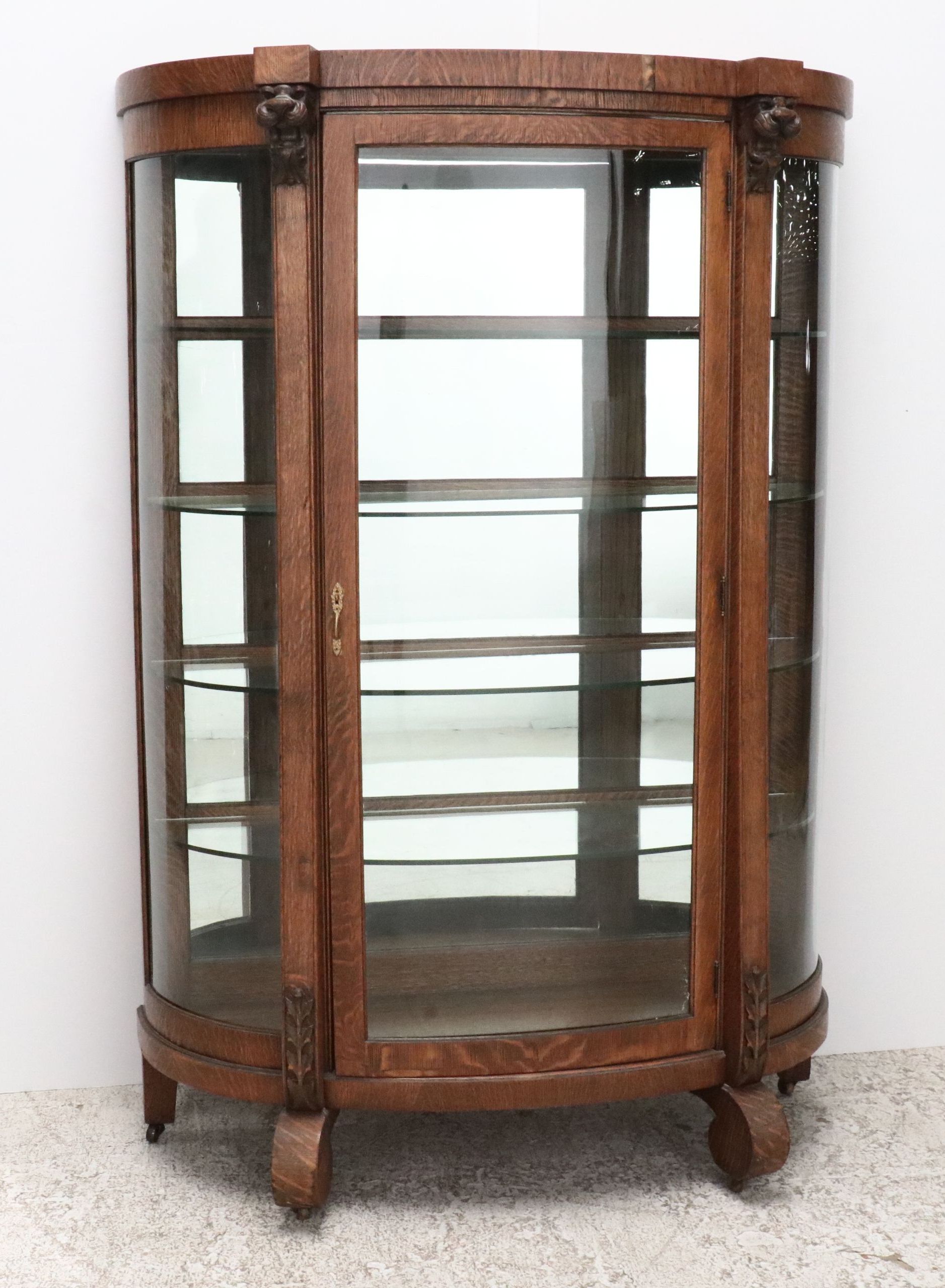 American Empire Revival Tiger Oak Bowfront Display Cabinet, Early 20th Century