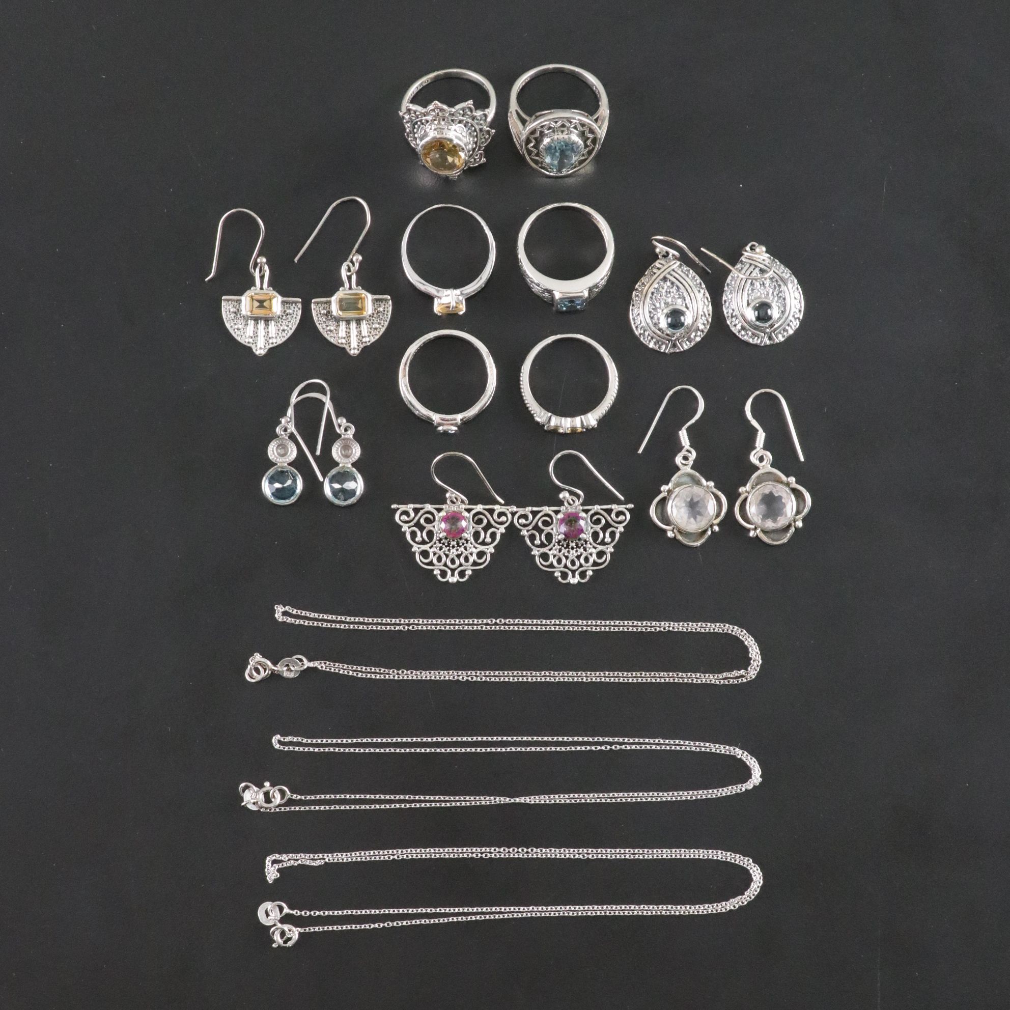 14 Assorted Sterling Silver Rings, Necklaces and Earrings