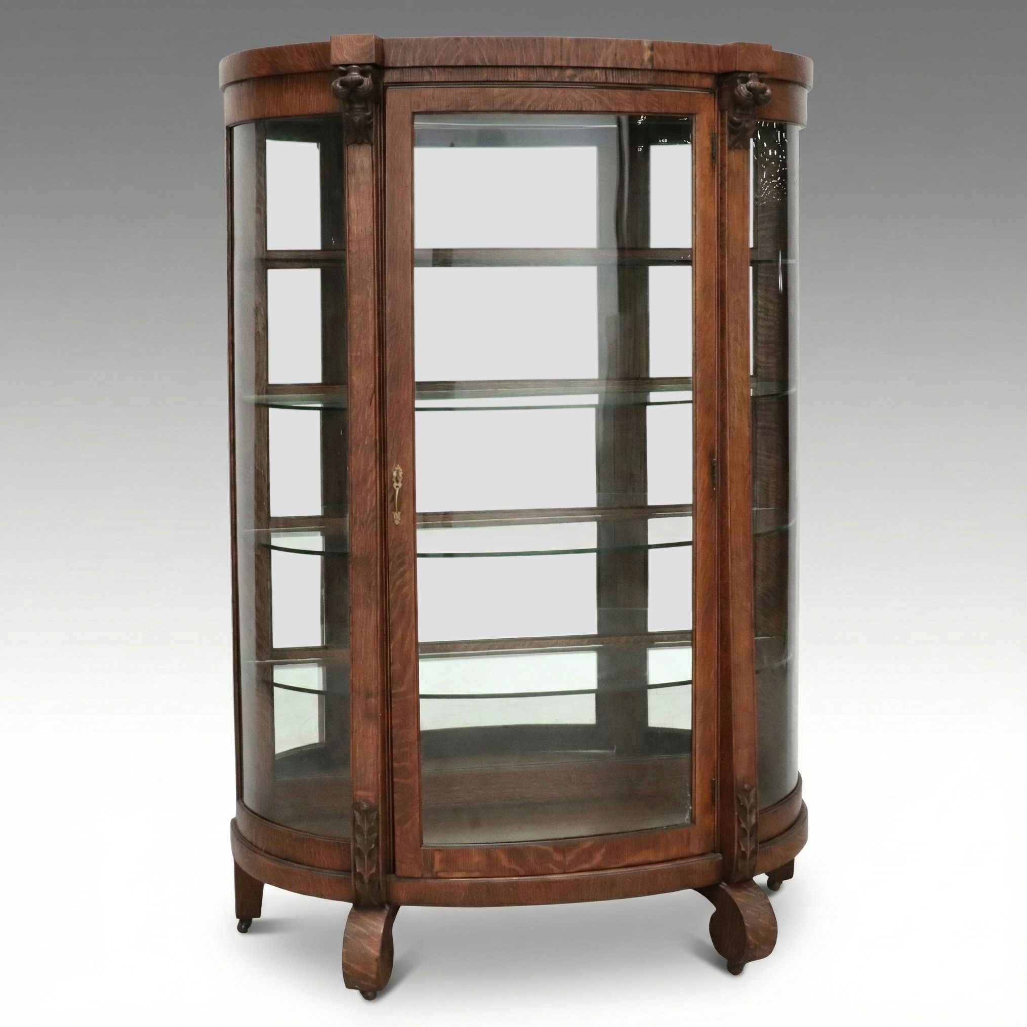 American Empire Revival Tiger Oak Bowfront Display Cabinet, Early 20th Century