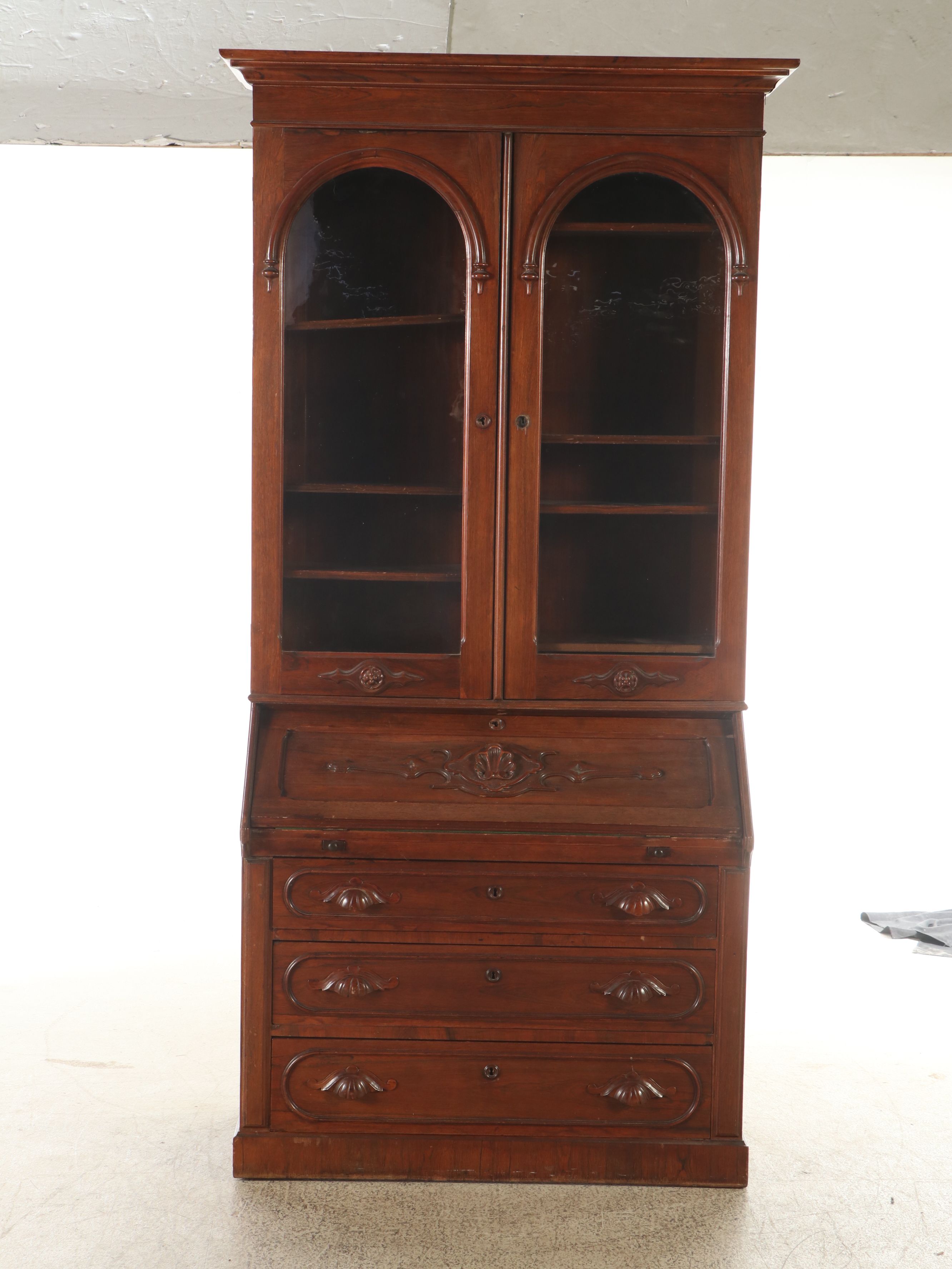 American Victorian Walnut Secretary Bookcase, Late 19th Century