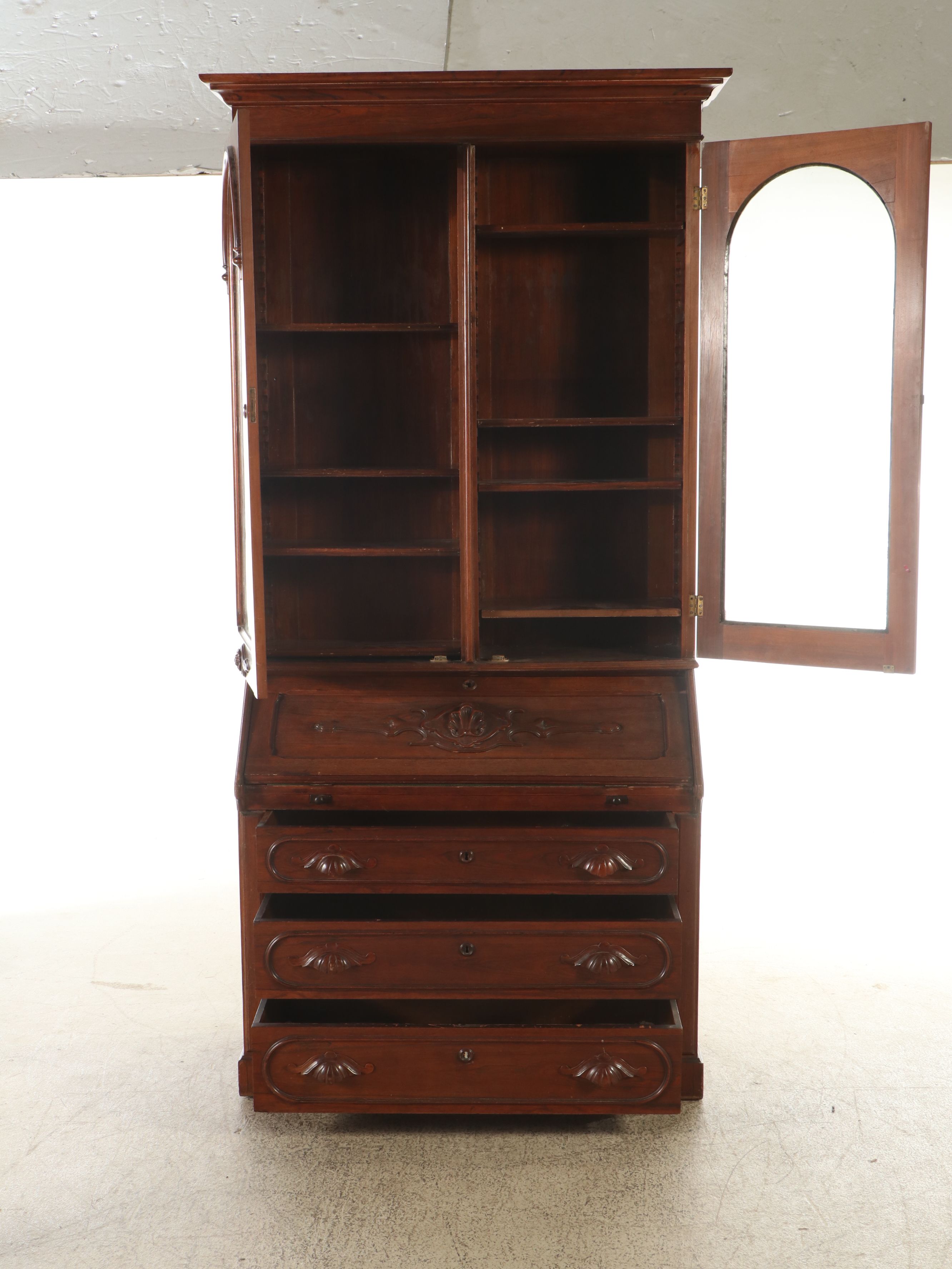 American Victorian Walnut Secretary Bookcase, Late 19th Century