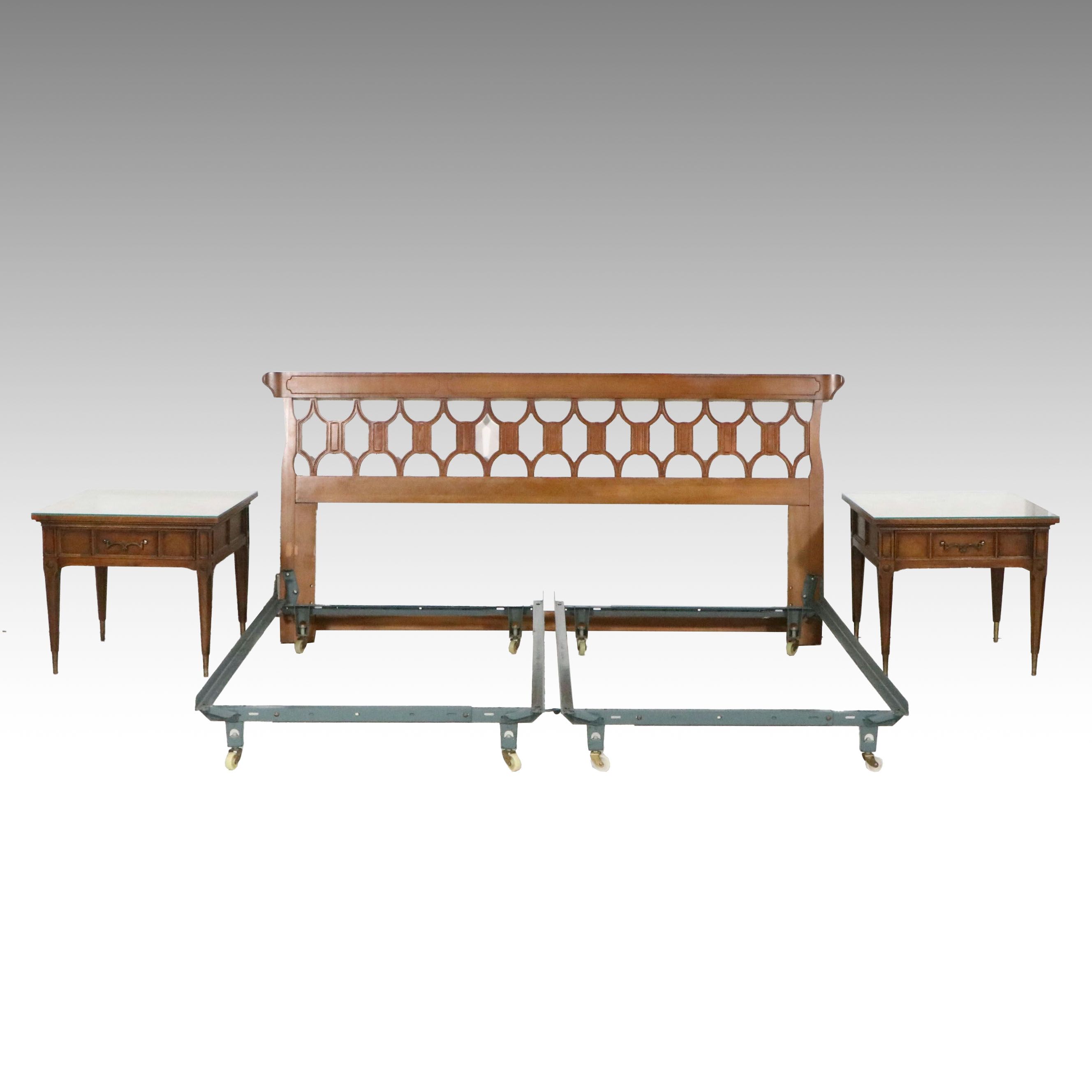 Italian Mid-Century Style Pierced Wood Headboard and Coordinating Nightstands