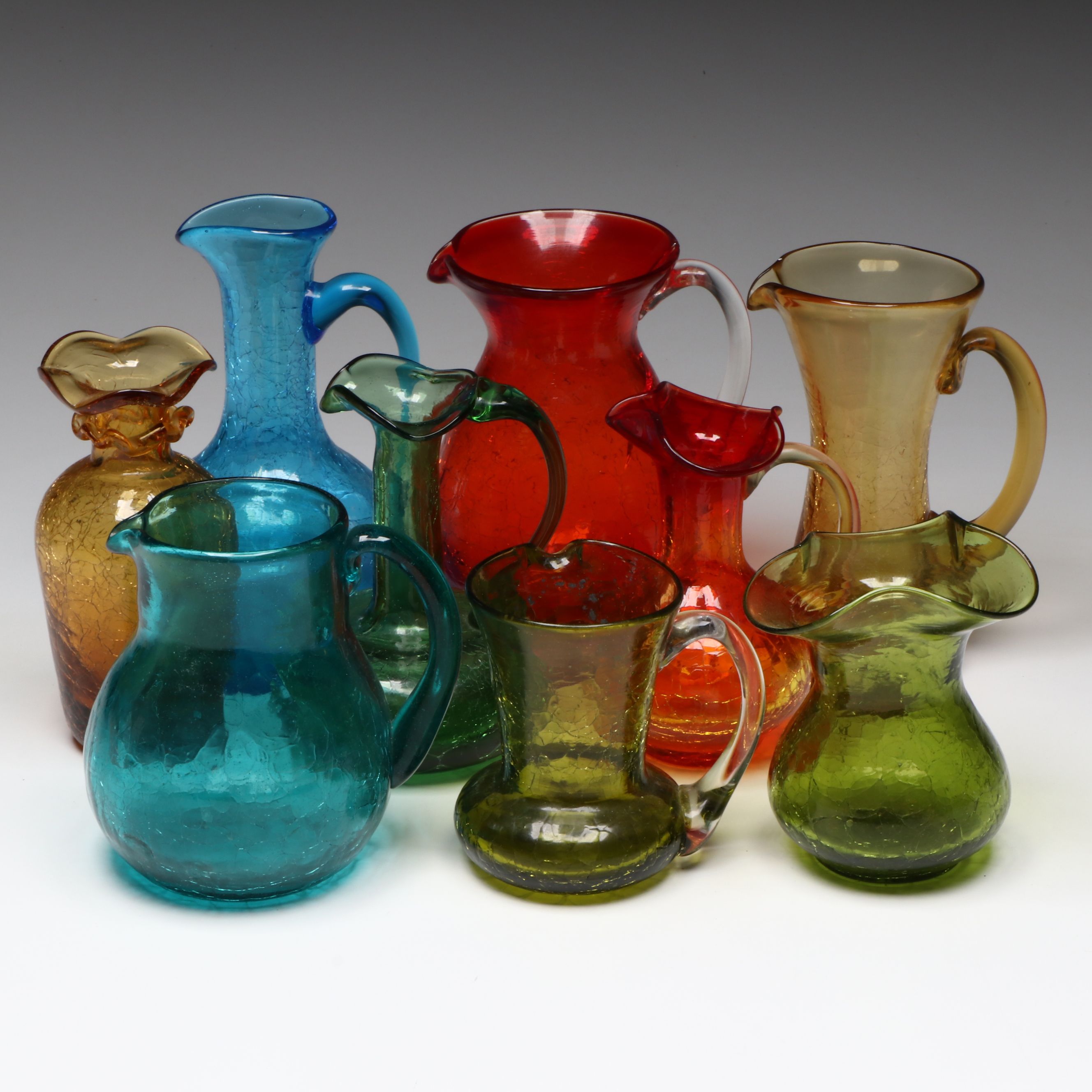 Amberina, Aqua, Amberg and Other Colorful Crackle Glass Pitchers, Vintage