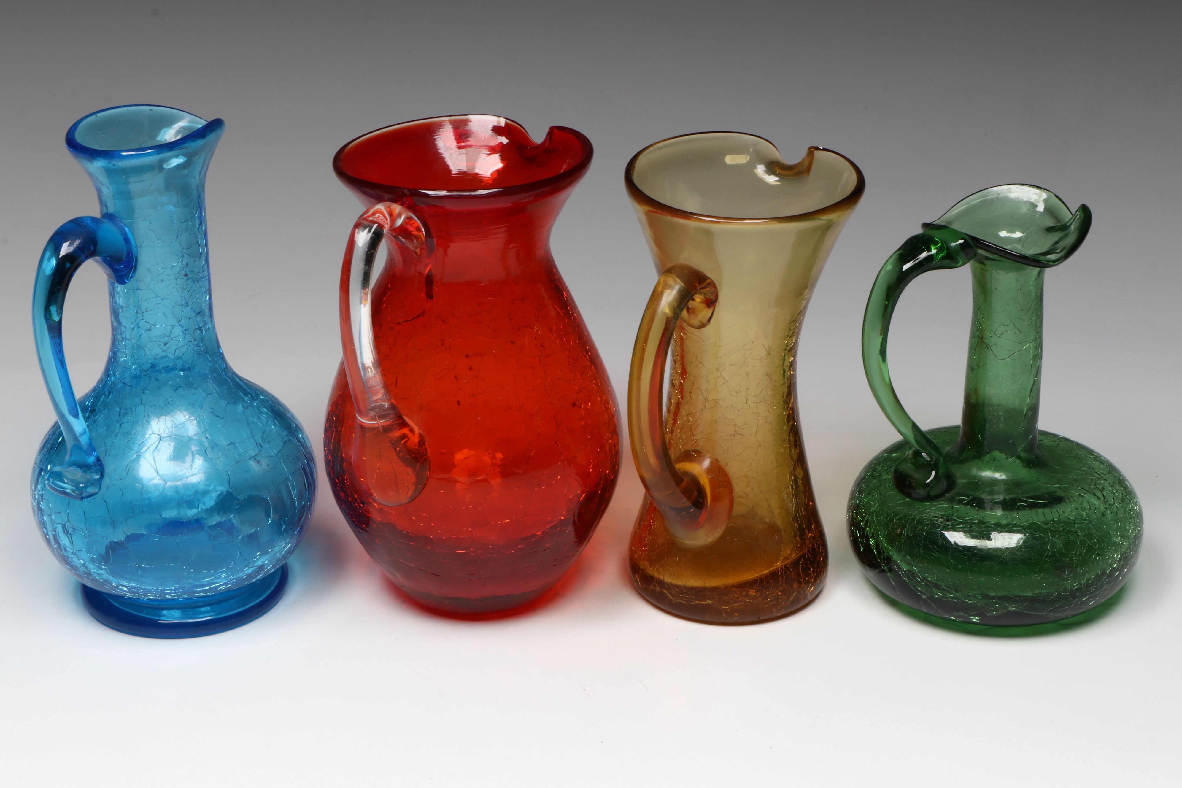 Amberina, Aqua, Amberg and Other Colorful Crackle Glass Pitchers, Vintage