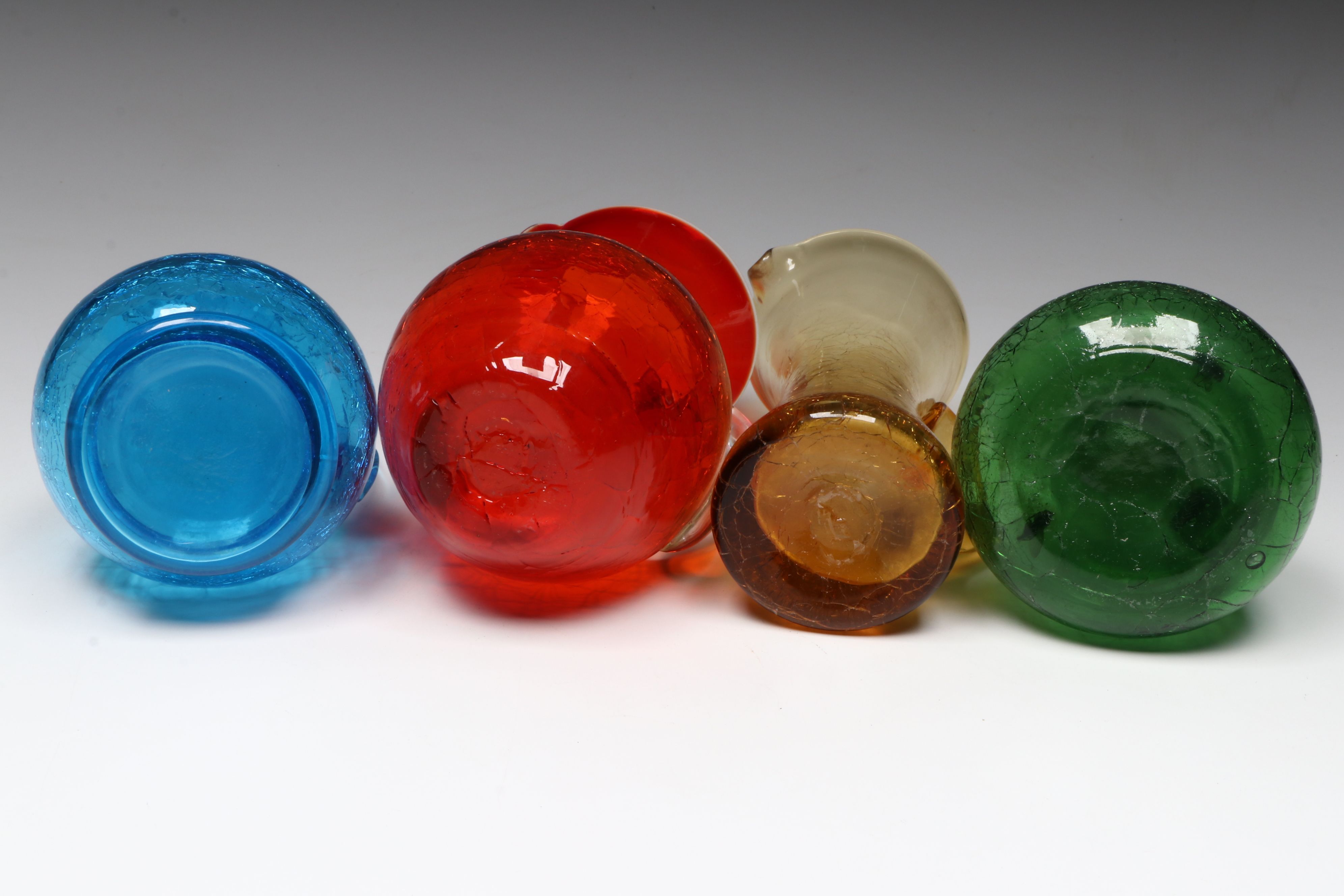 Amberina, Aqua, Amberg and Other Colorful Crackle Glass Pitchers, Vintage