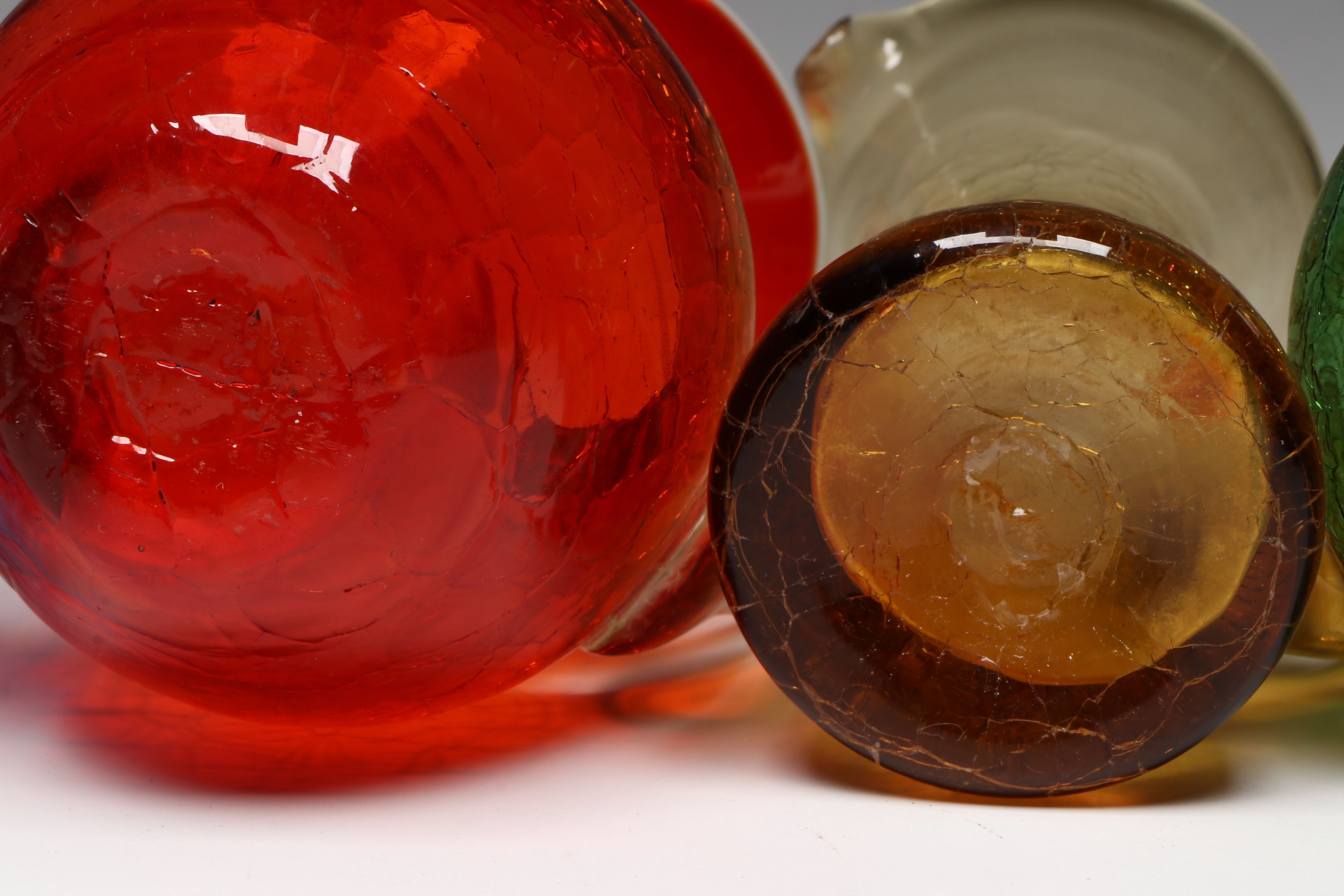 Amberina, Aqua, Amberg and Other Colorful Crackle Glass Pitchers, Vintage