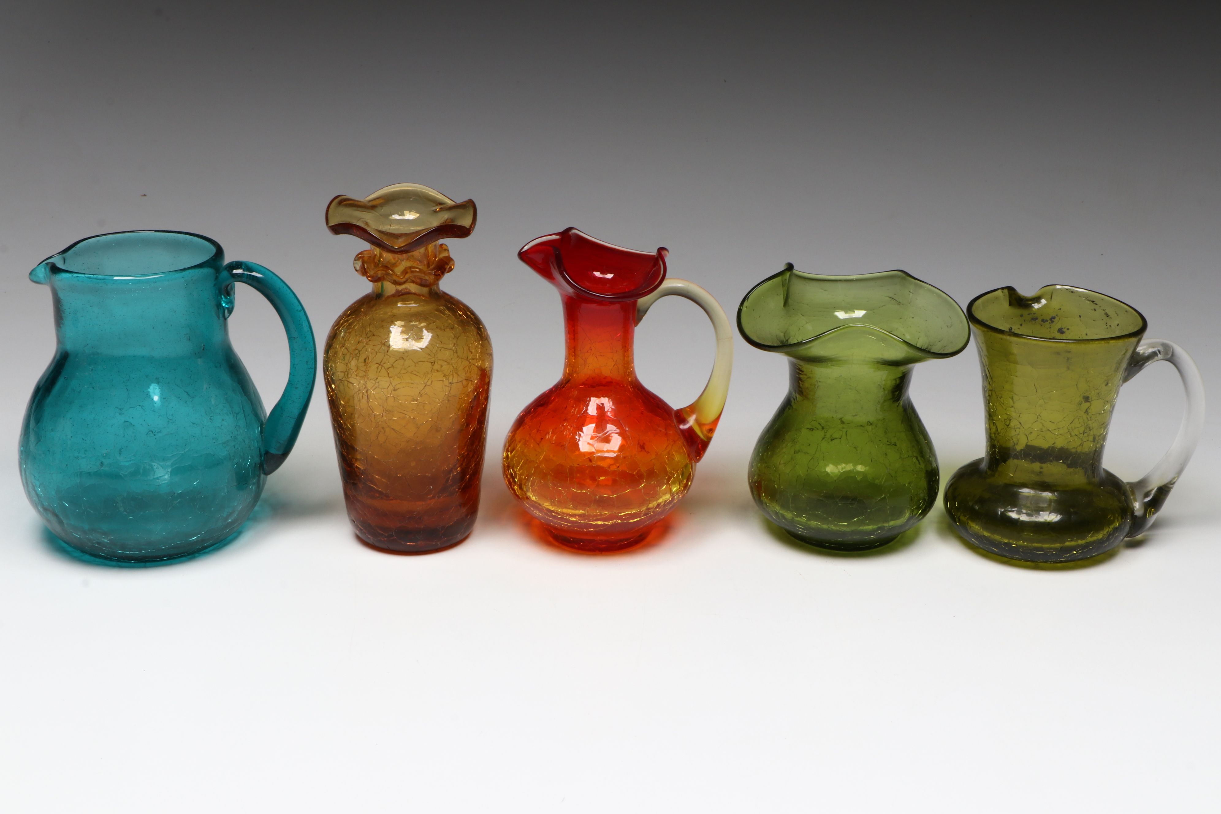 Amberina, Aqua, Amberg and Other Colorful Crackle Glass Pitchers, Vintage