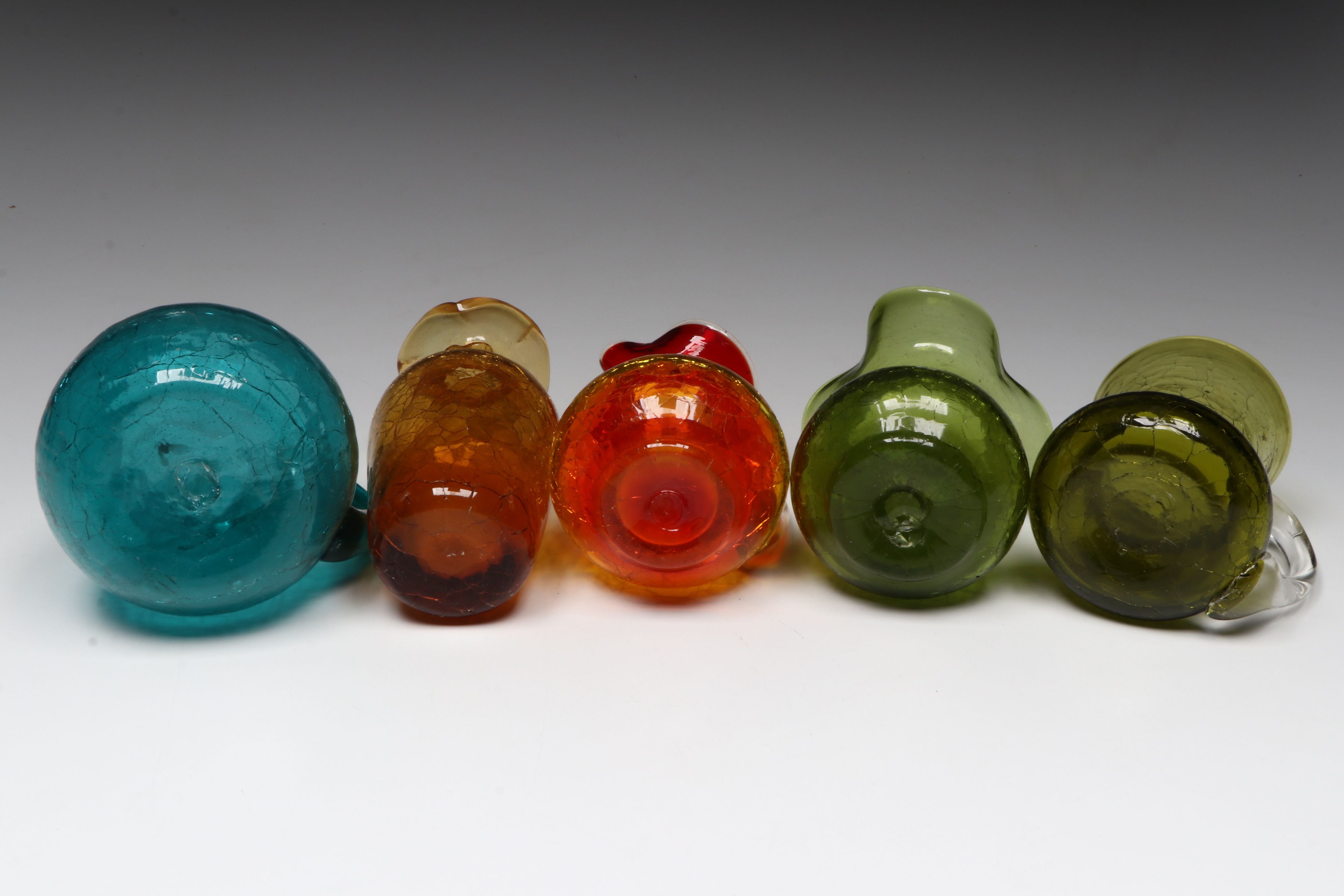 Amberina, Aqua, Amberg and Other Colorful Crackle Glass Pitchers, Vintage