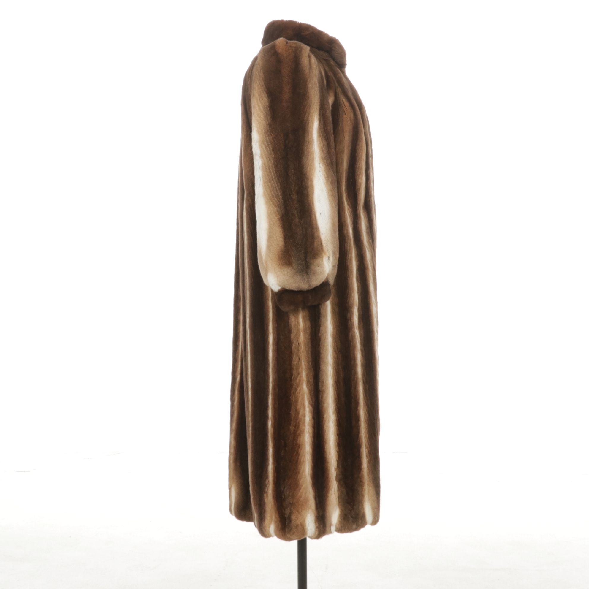 Rex Rabbit Fur Coffee and Cream Striped Full-Length Coat