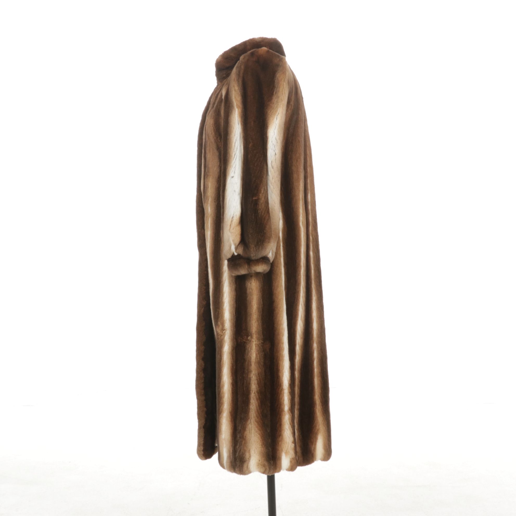Rex Rabbit Fur Coffee and Cream Striped Full-Length Coat