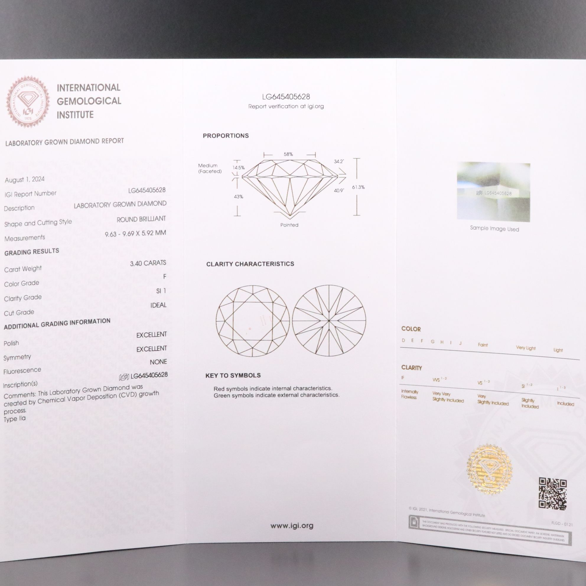 Loose 3.40 CT Lab Grown Diamond with IGI Report