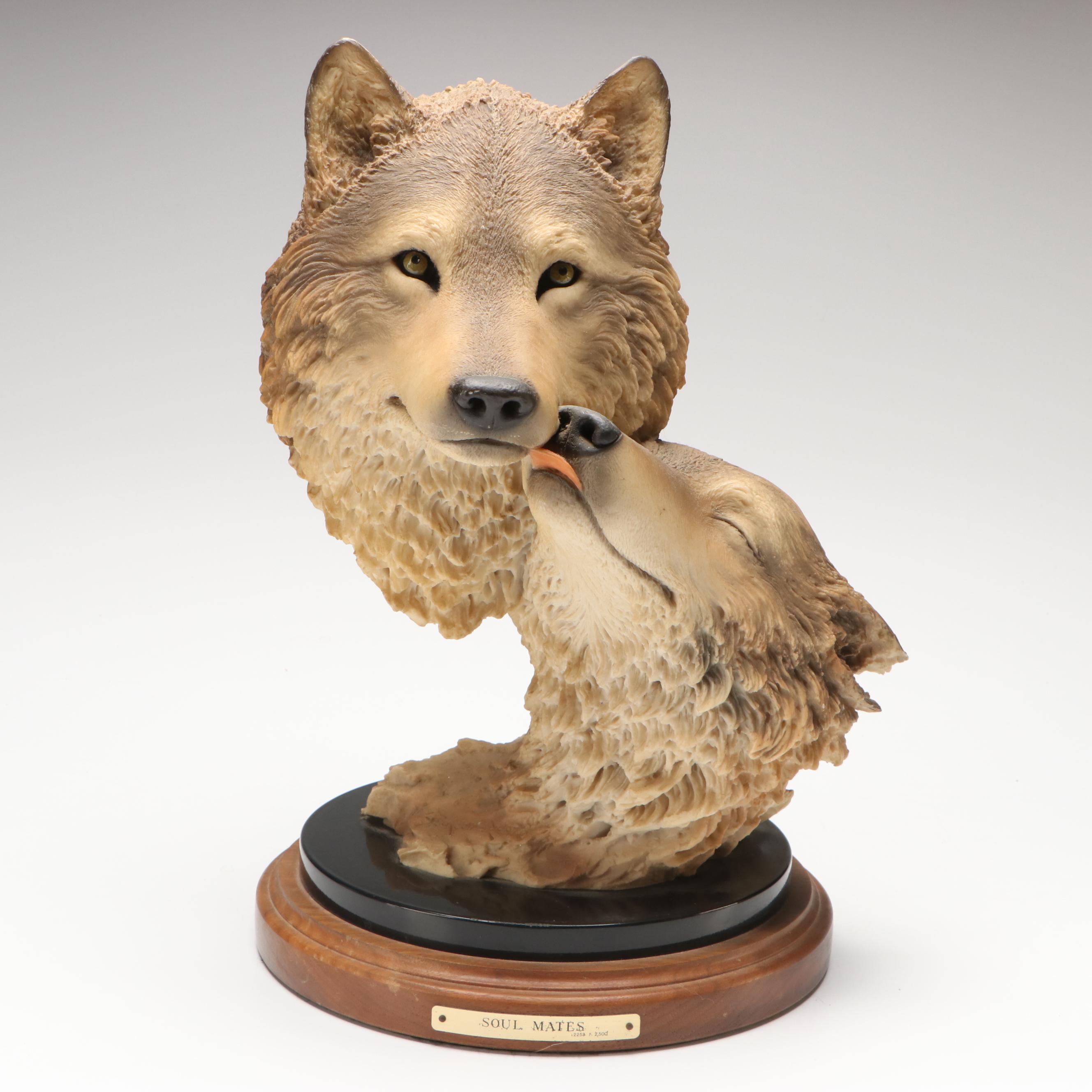 Joe Slockblower "Soul Mates" Resin Wolf Pair Portraits, 1997