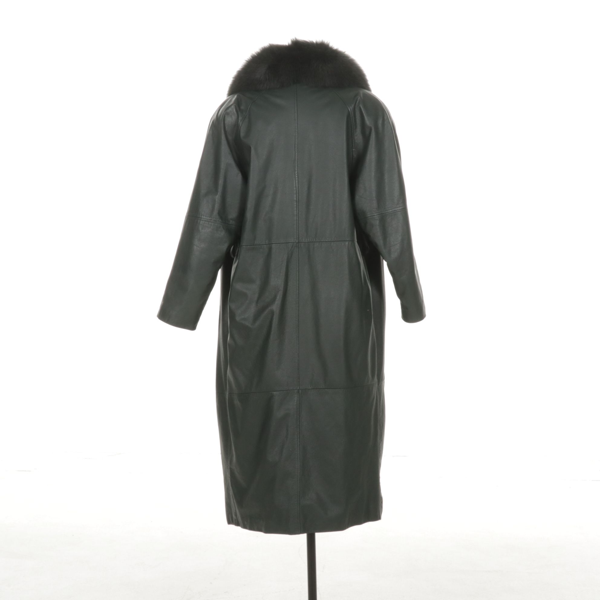 Dyed Fox Fur Collar on Forest Green Leather Long Coat