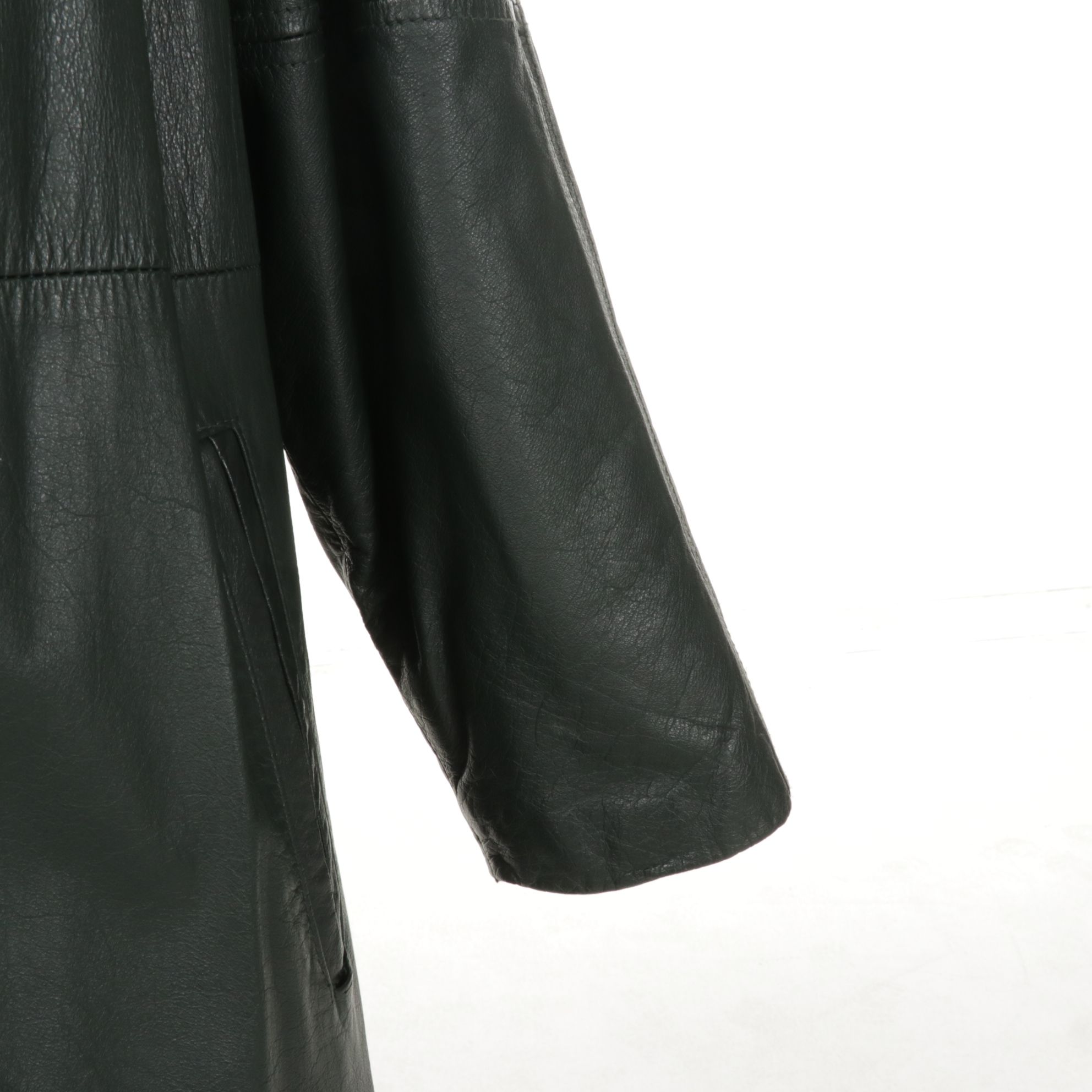 Dyed Fox Fur Collar on Forest Green Leather Long Coat