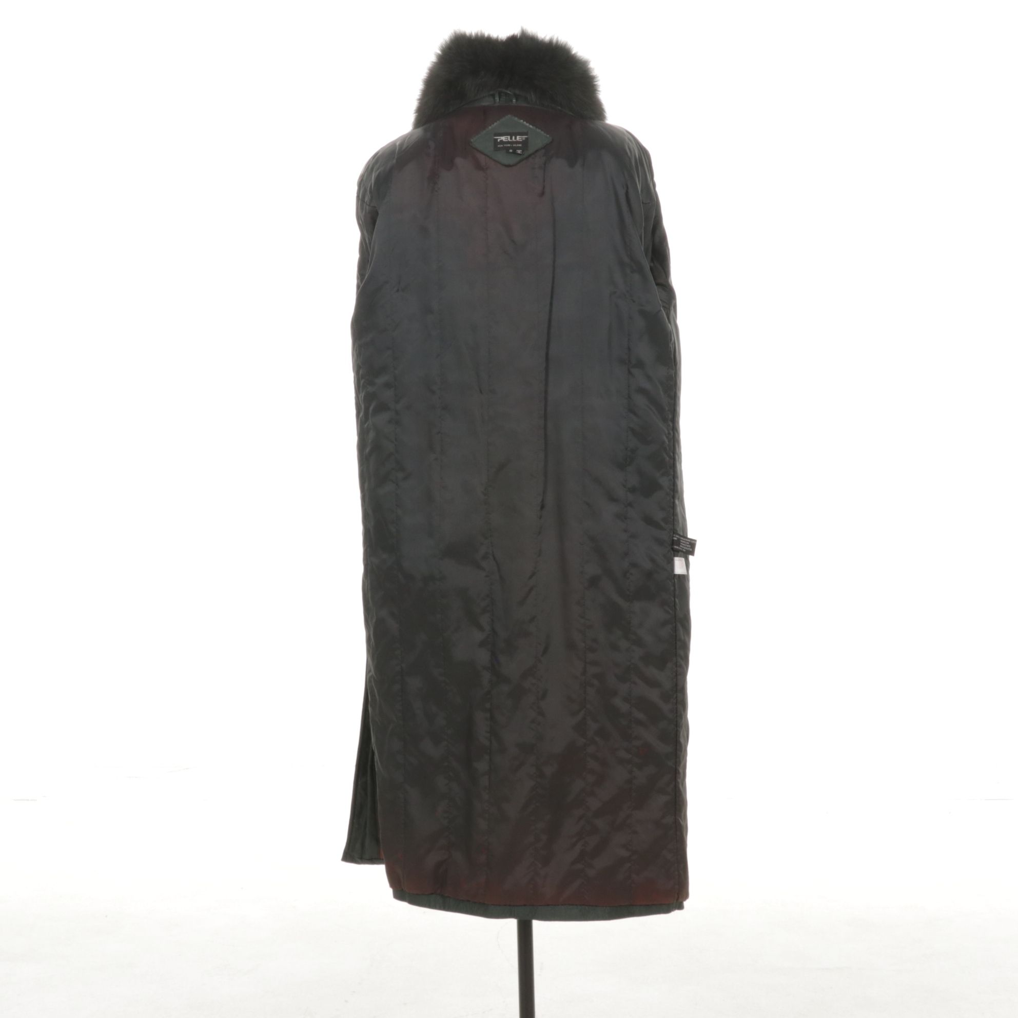 Dyed Fox Fur Collar on Forest Green Leather Long Coat