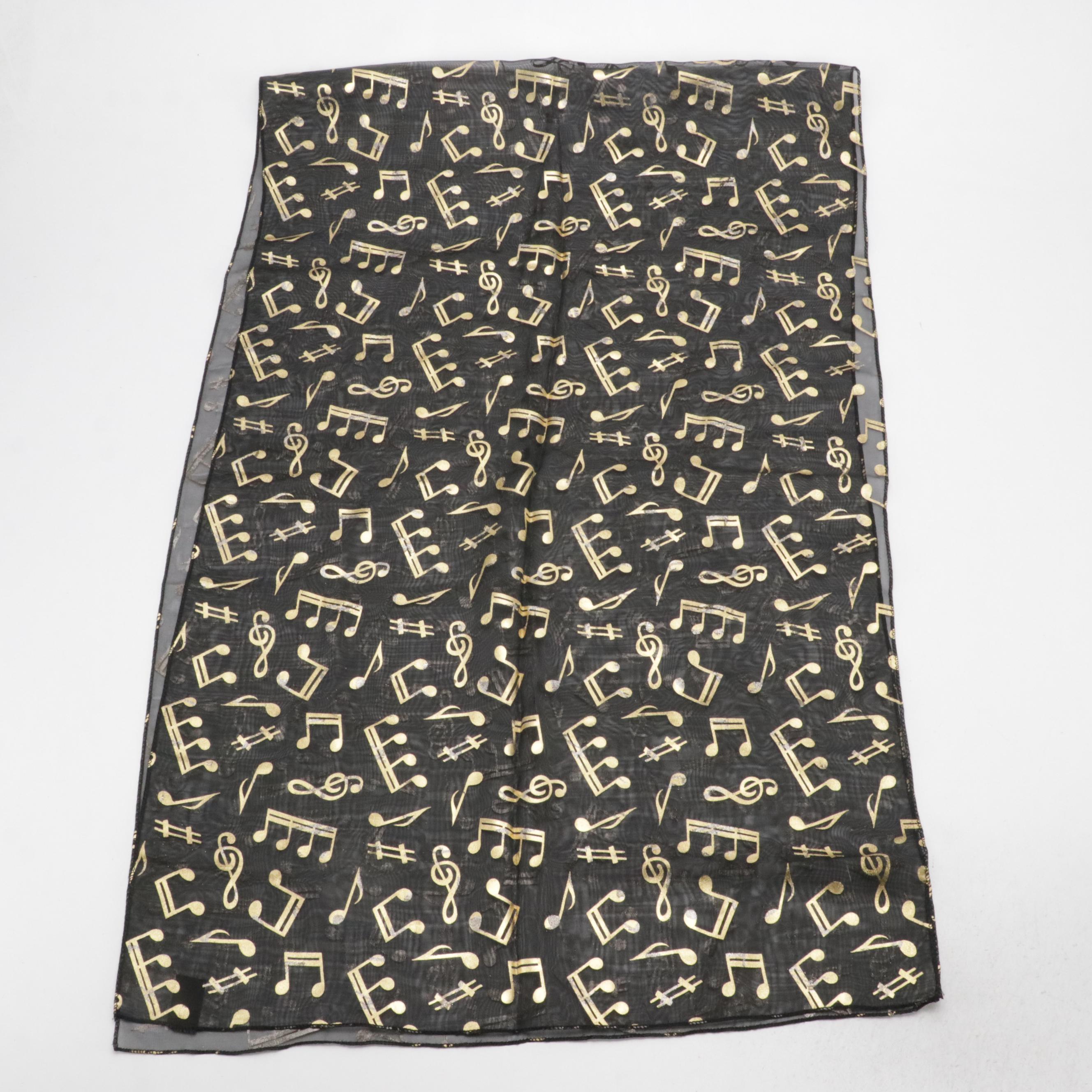 Lurex Scarf Shawl and Music Motif Metallic Print Scarves